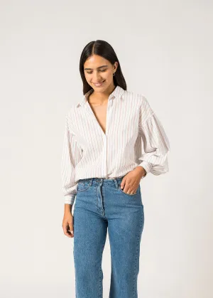ADELE - Long-Sleeve Shirt – Cotton Elegance (WHITE / MER BLUE / ORANGE)