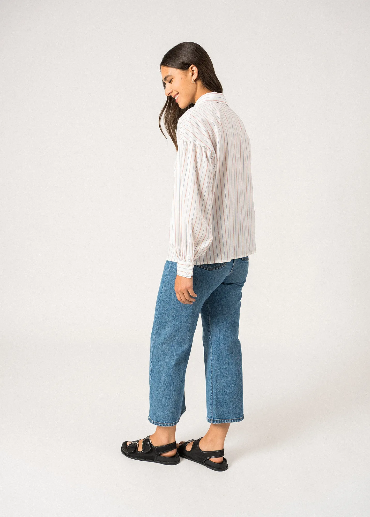 ADELE - Long-Sleeve Shirt – Cotton Elegance (WHITE / MER BLUE / ORANGE)