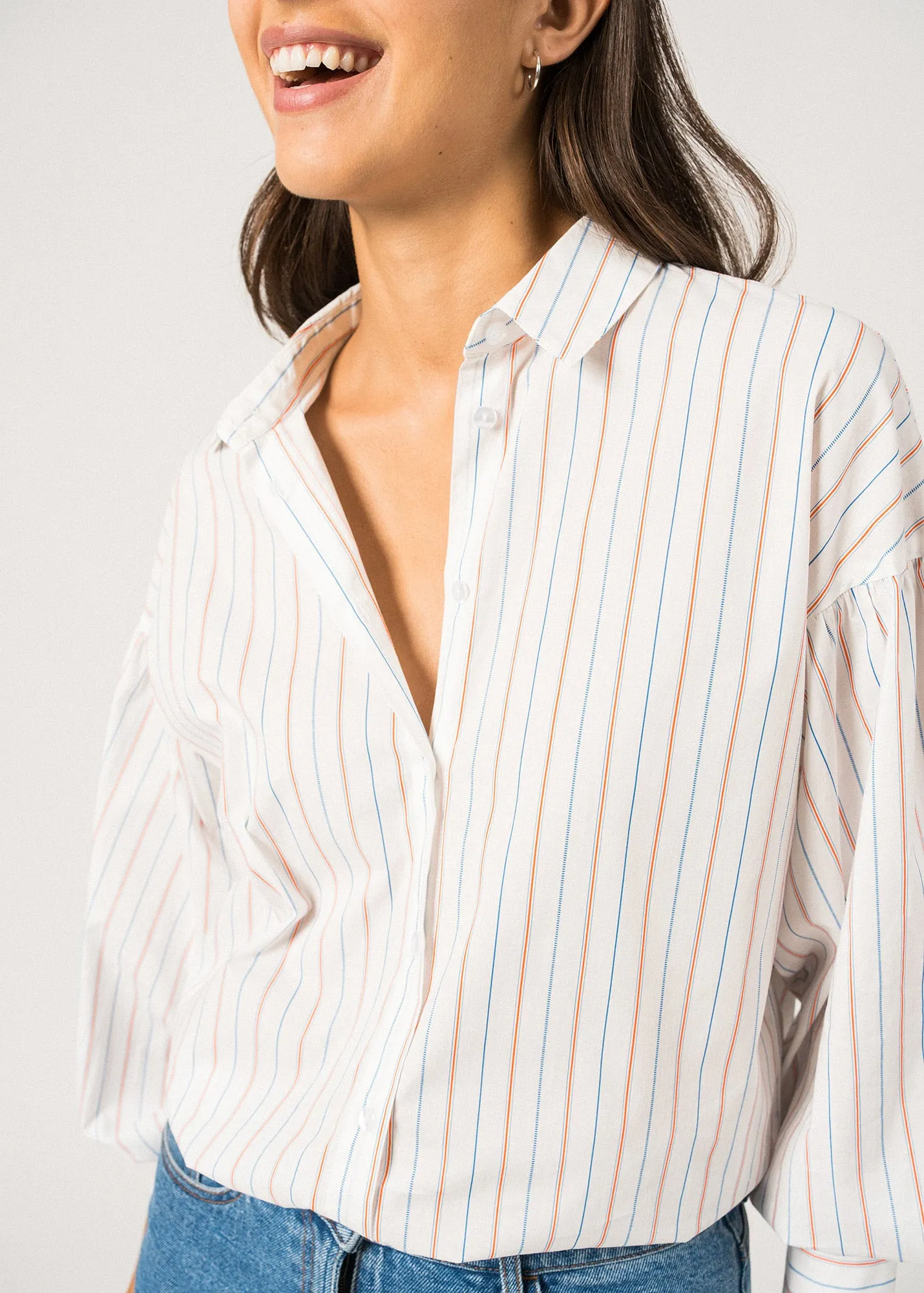 ADELE - Long-Sleeve Shirt – Cotton Elegance (WHITE / MER BLUE / ORANGE)