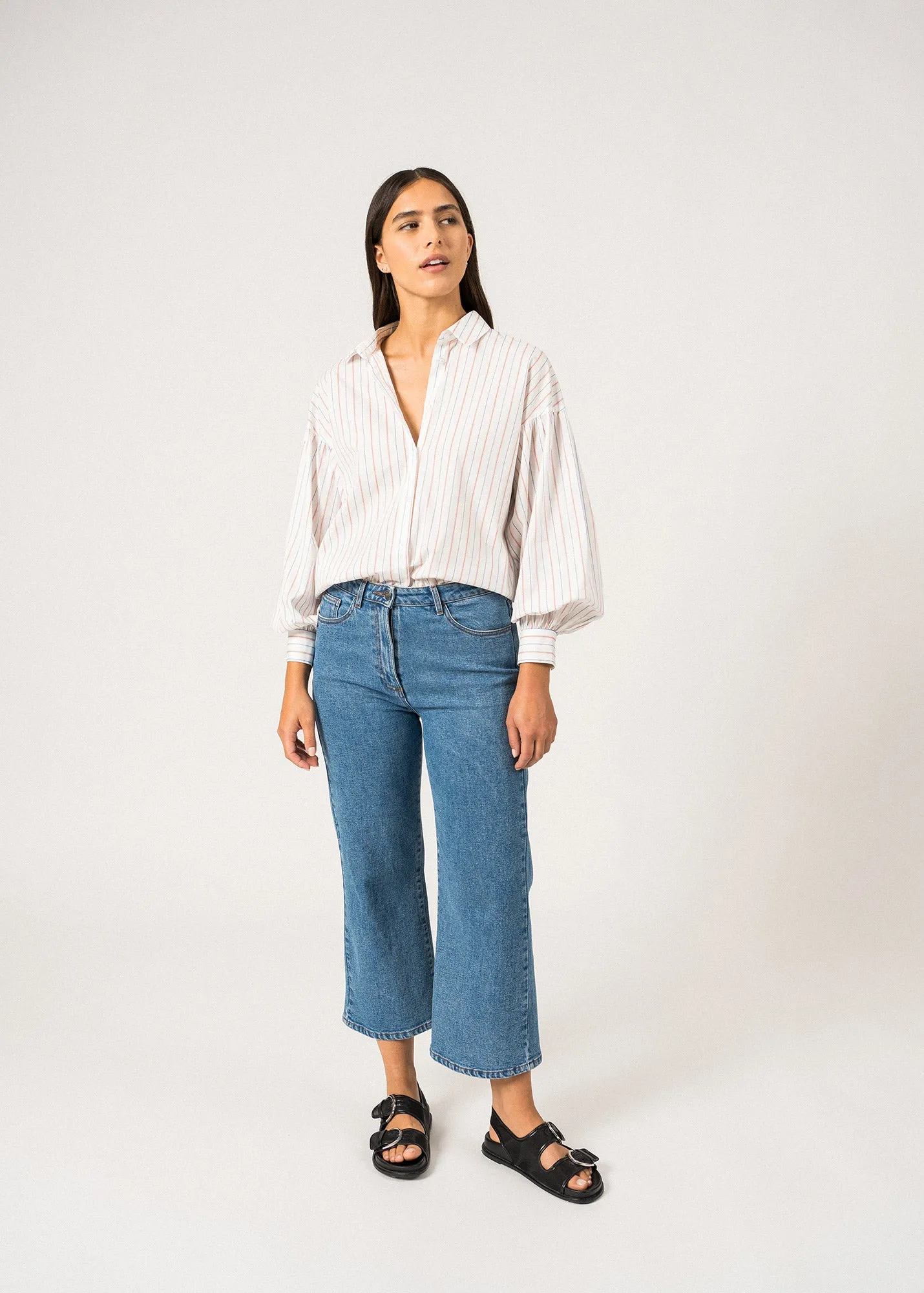 ADELE - Long-Sleeve Shirt – Cotton Elegance (WHITE / MER BLUE / ORANGE)
