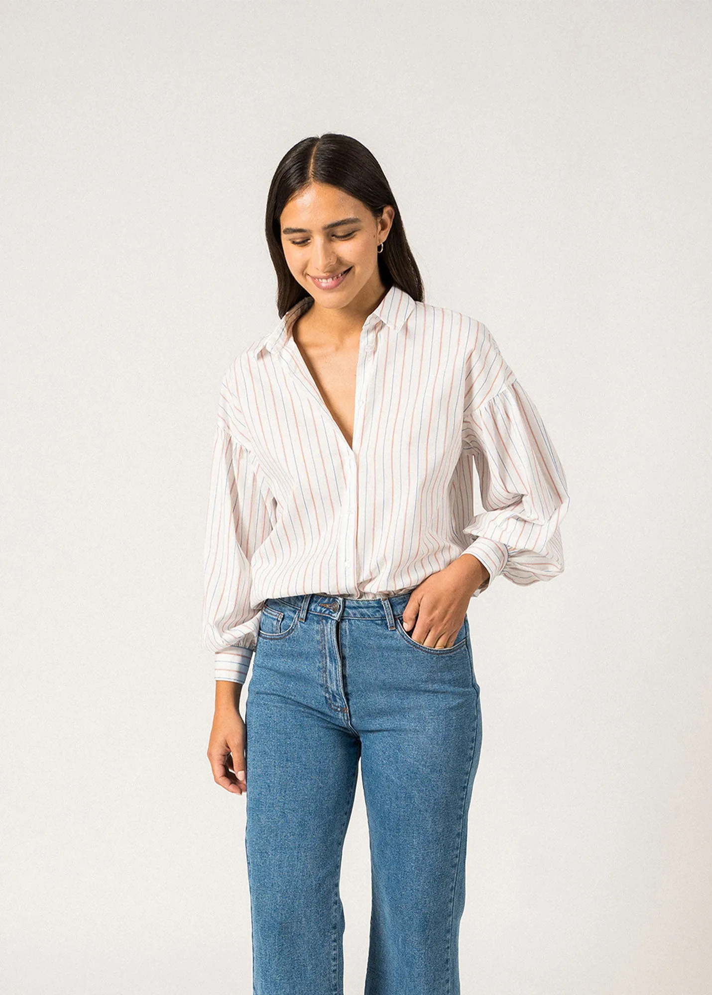 ADELE - Long-Sleeve Shirt – Cotton Elegance (WHITE / MER BLUE / ORANGE)