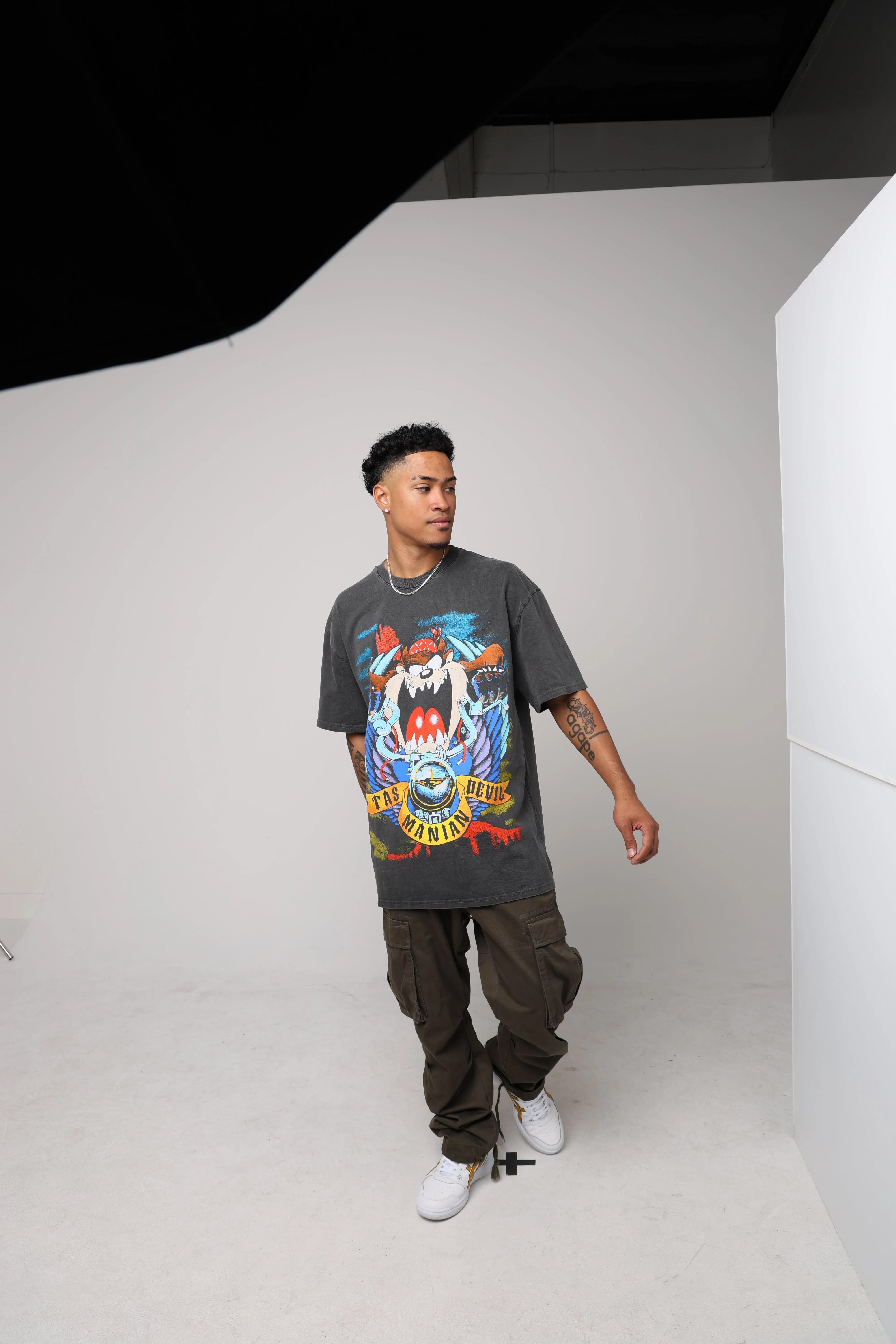 American Thrift X Looney Tunes Taz Motorcycles Heavyweight Vintage T-Shirt Black Wash
