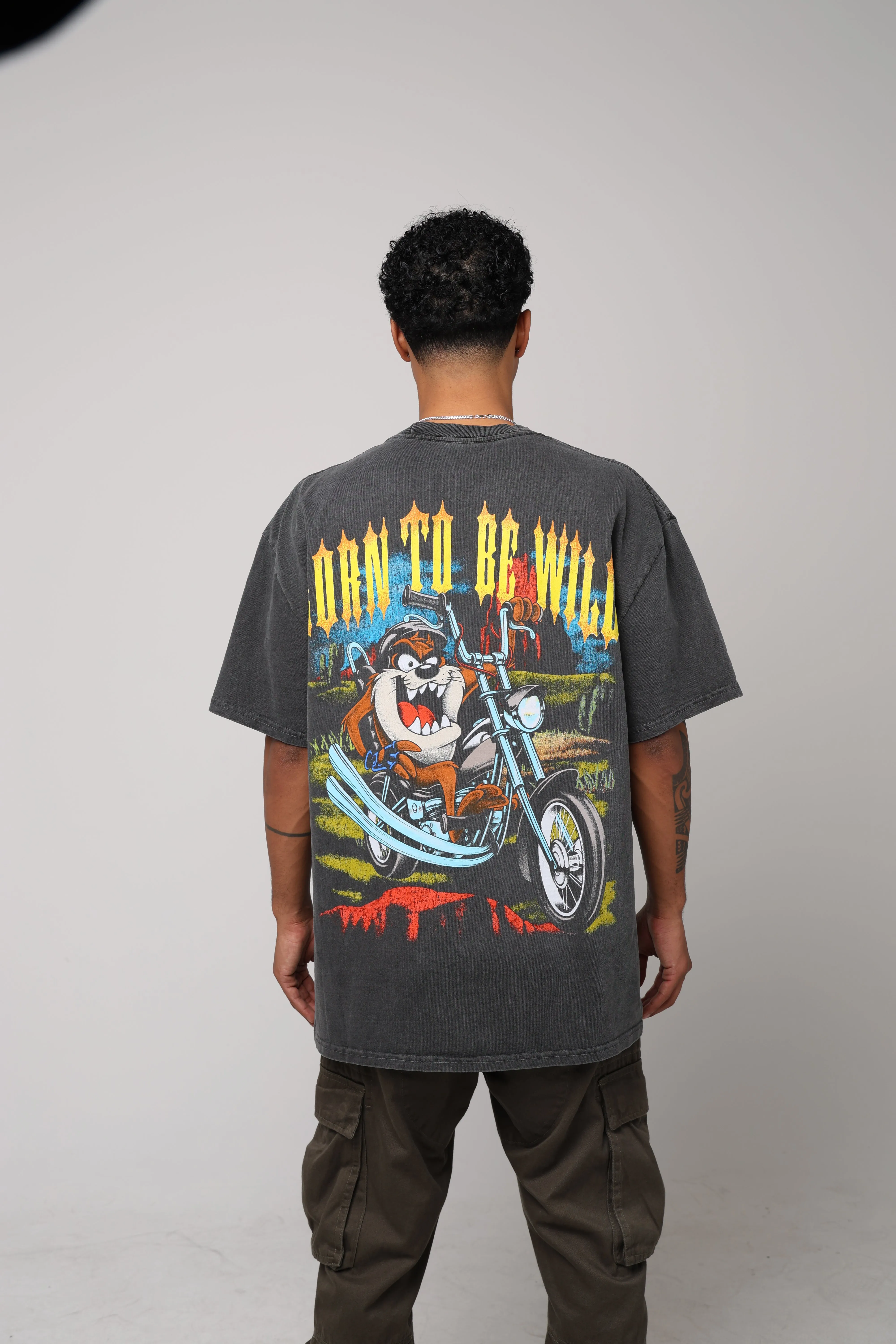 American Thrift X Looney Tunes Taz Motorcycles Heavyweight Vintage T-Shirt Black Wash