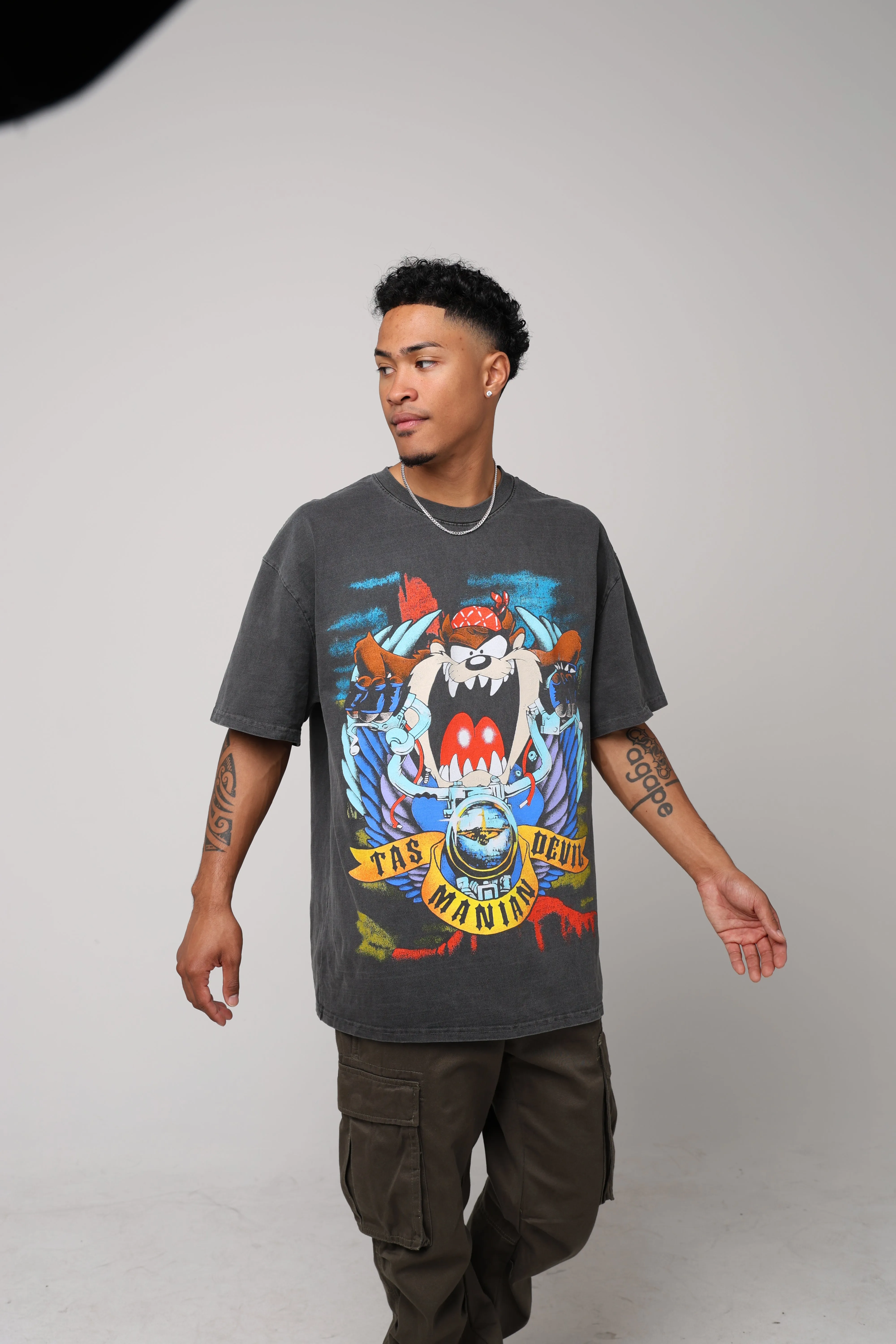 American Thrift X Looney Tunes Taz Motorcycles Heavyweight Vintage T-Shirt Black Wash
