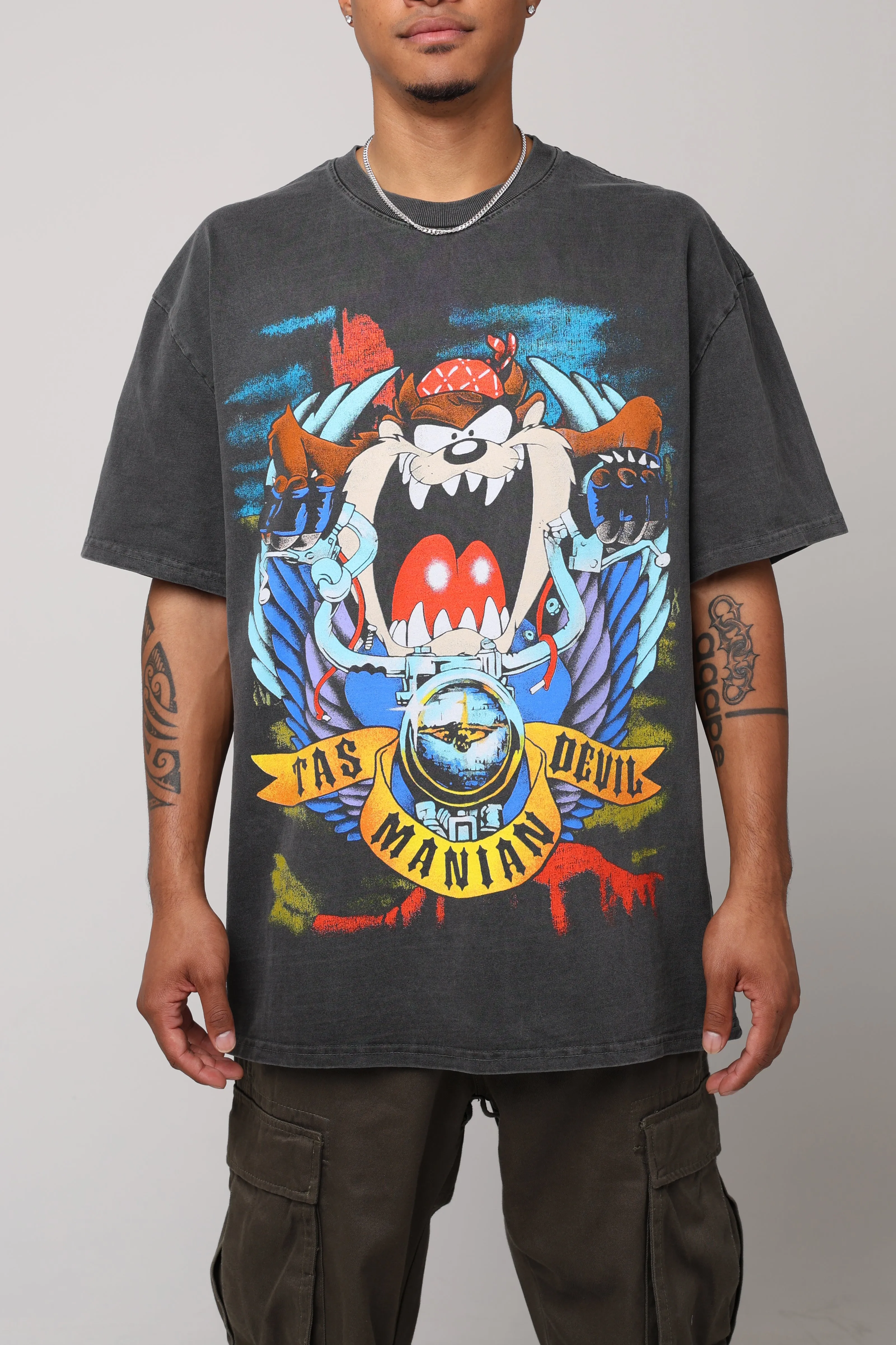 American Thrift X Looney Tunes Taz Motorcycles Heavyweight Vintage T-Shirt Black Wash