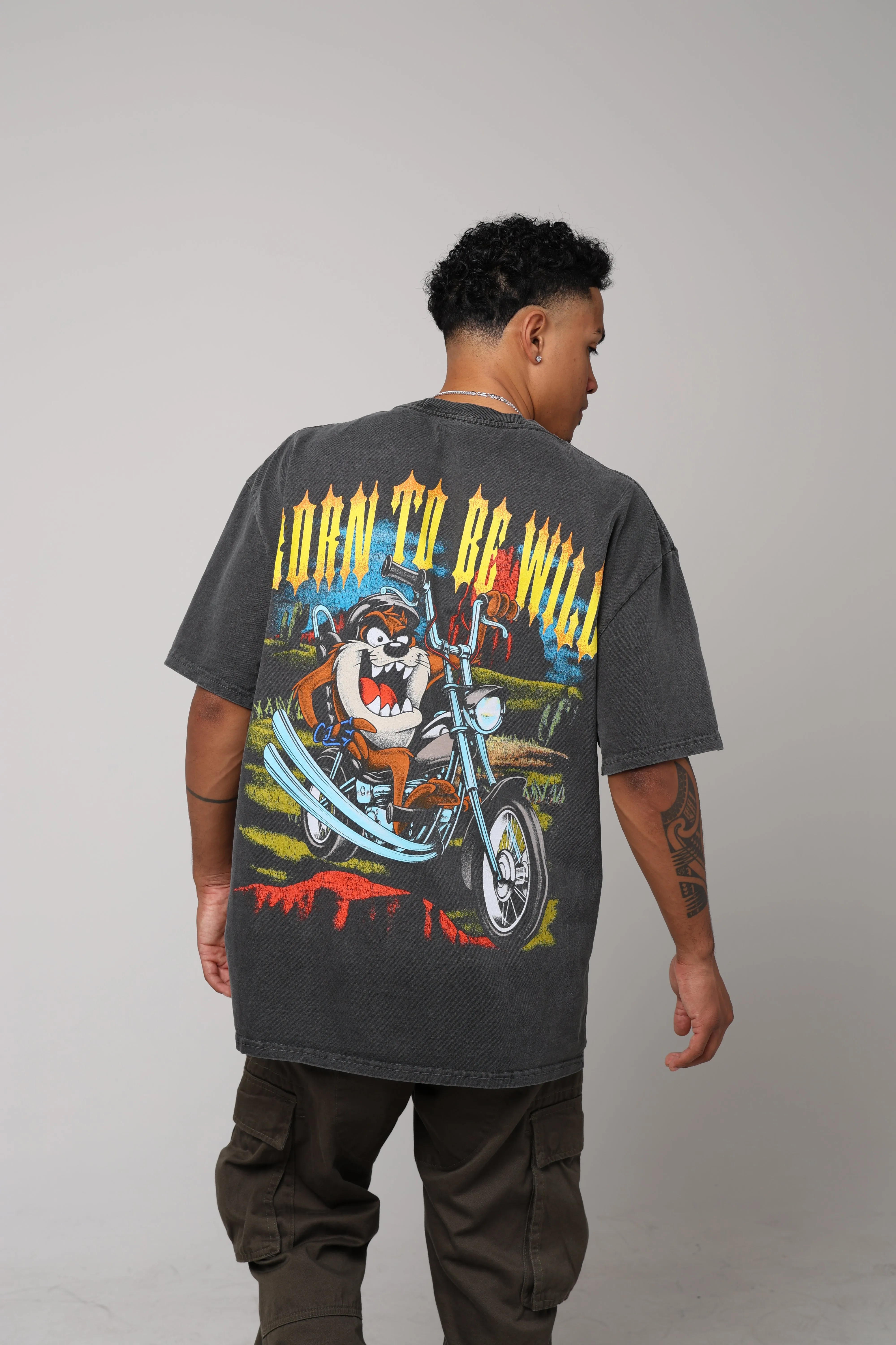 American Thrift X Looney Tunes Taz Motorcycles Heavyweight Vintage T-Shirt Black Wash