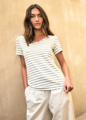 AVISO - Nautical Striped Sport Top With V-Neck and UV Protection | Women Fit (WHITE / SOFT ALMOND)