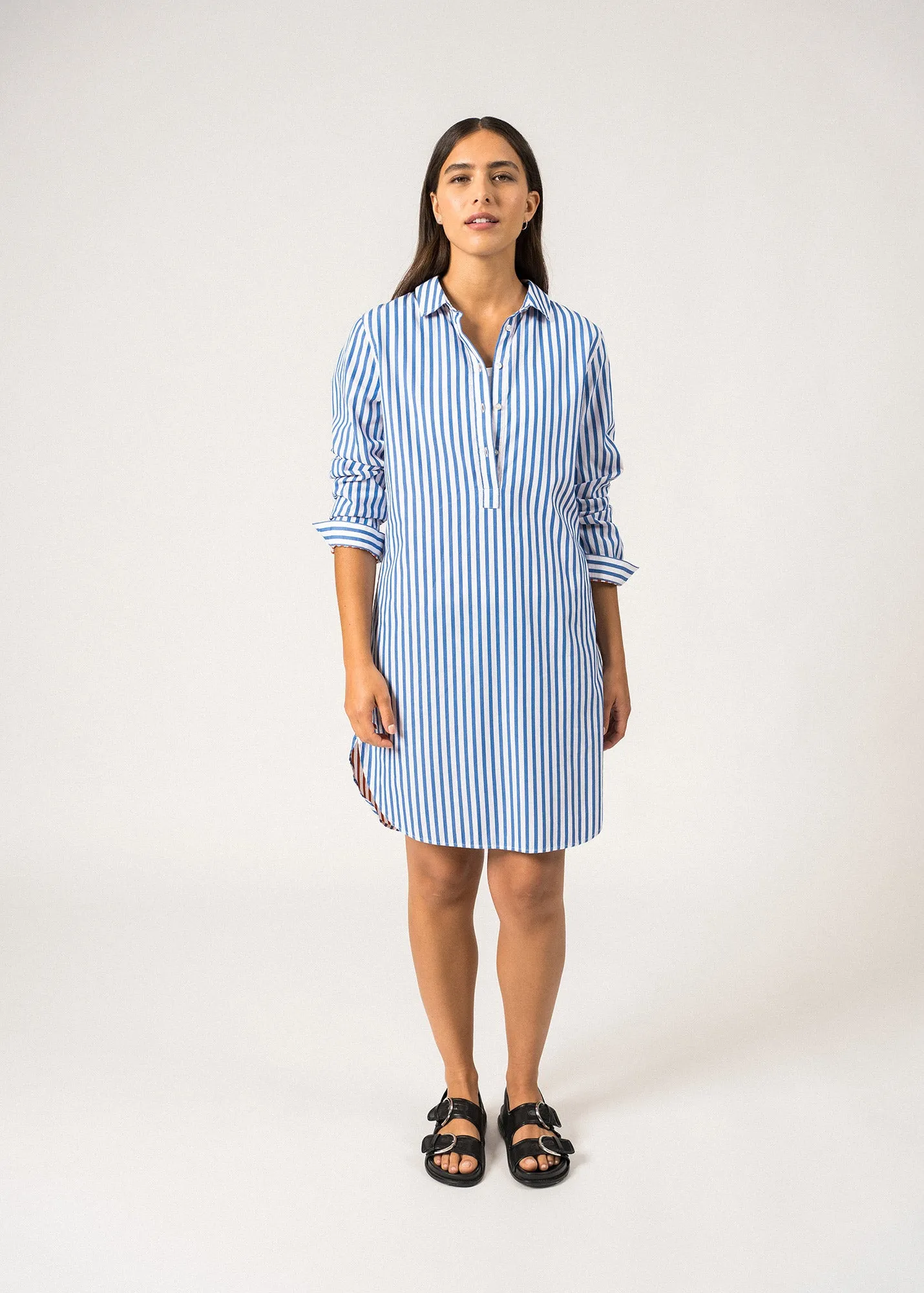 BENEDICTE II - Pinstriped Shirt Dress in Organic Cotton for Women (MER BLUE / WHITE / ORANGE)