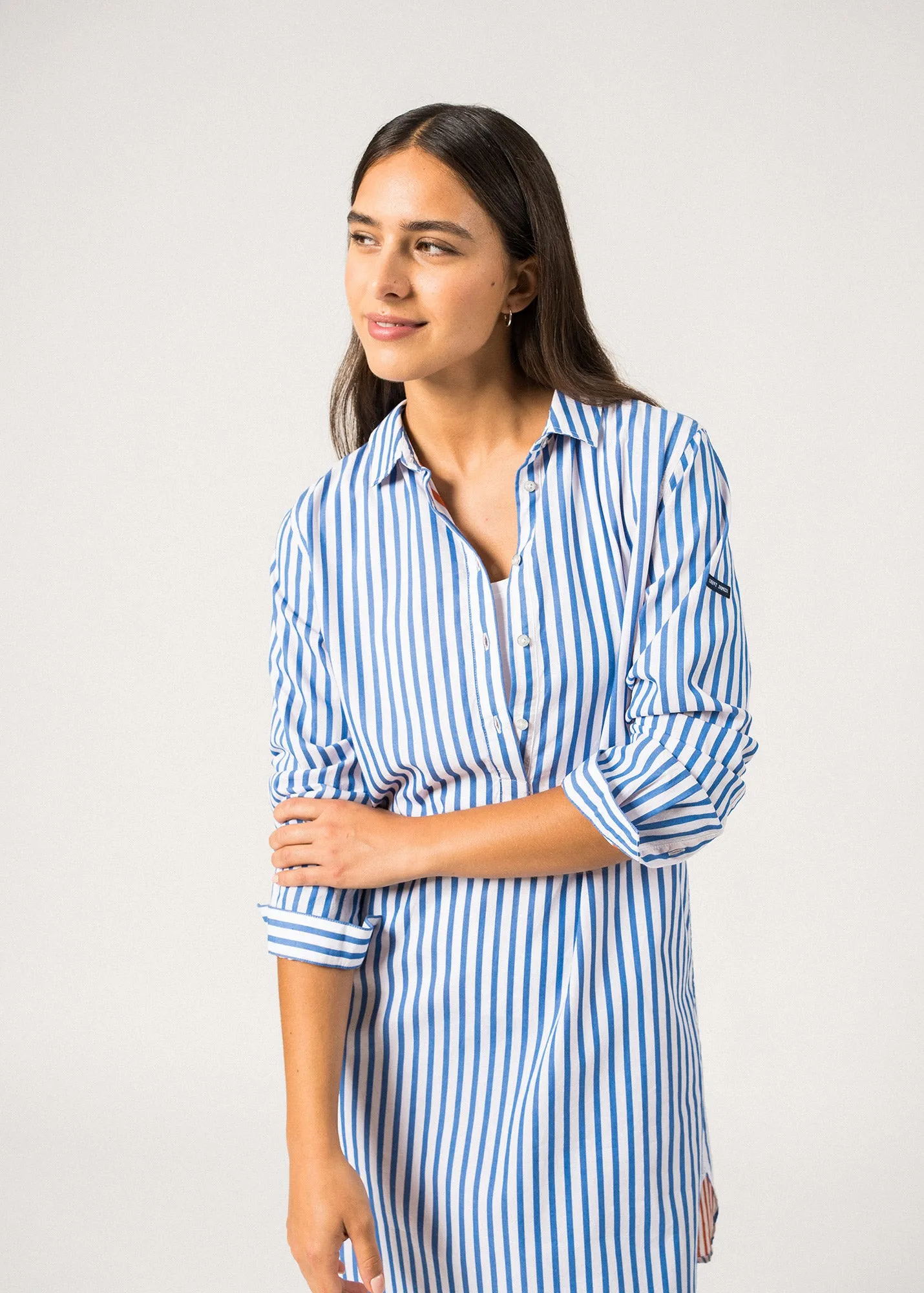 BENEDICTE II - Pinstriped Shirt Dress in Organic Cotton for Women (MER BLUE / WHITE / ORANGE)