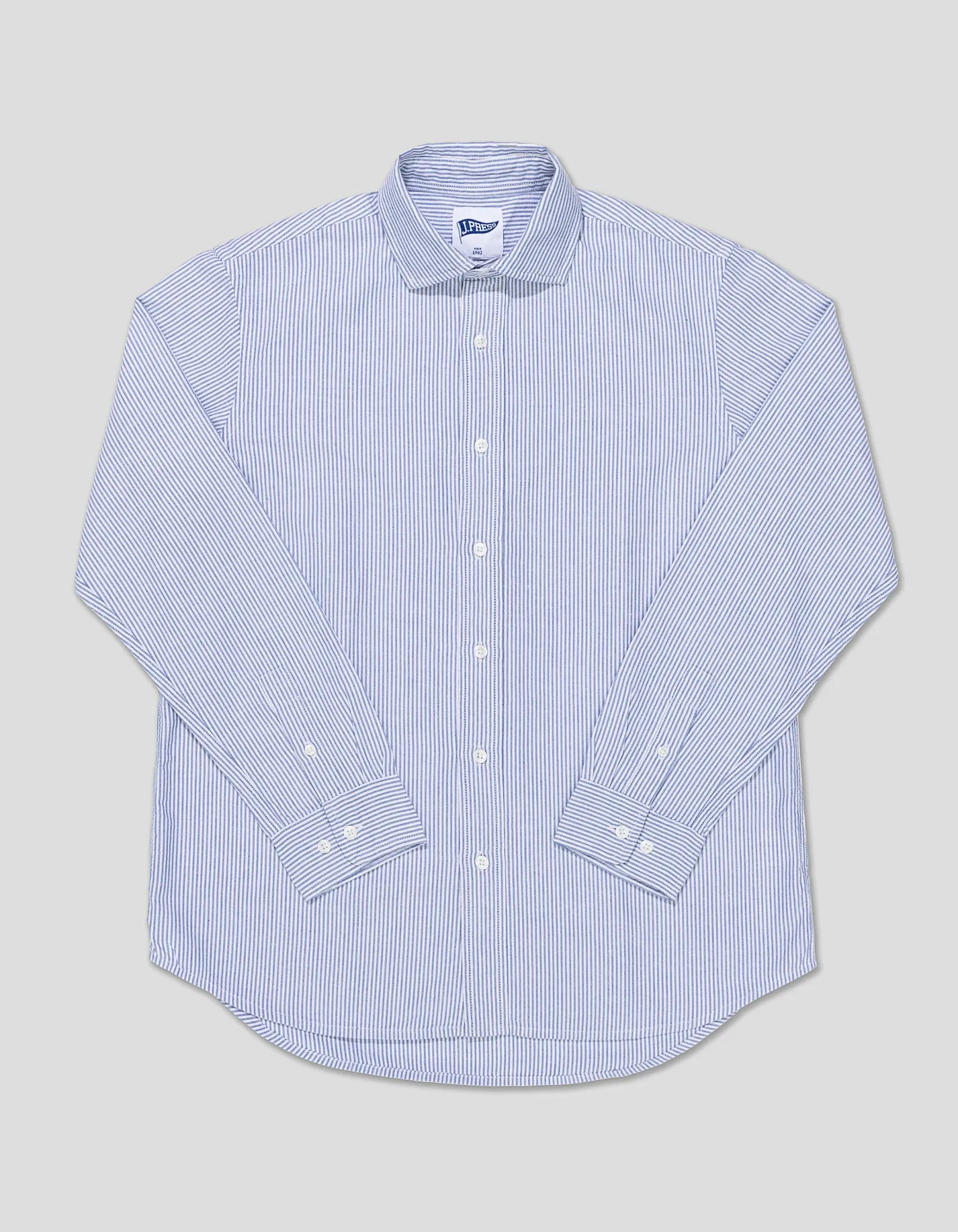 BLUE STRIPE ENZYME-WASHED OXFORD SPREAD COLLAR SHIRT