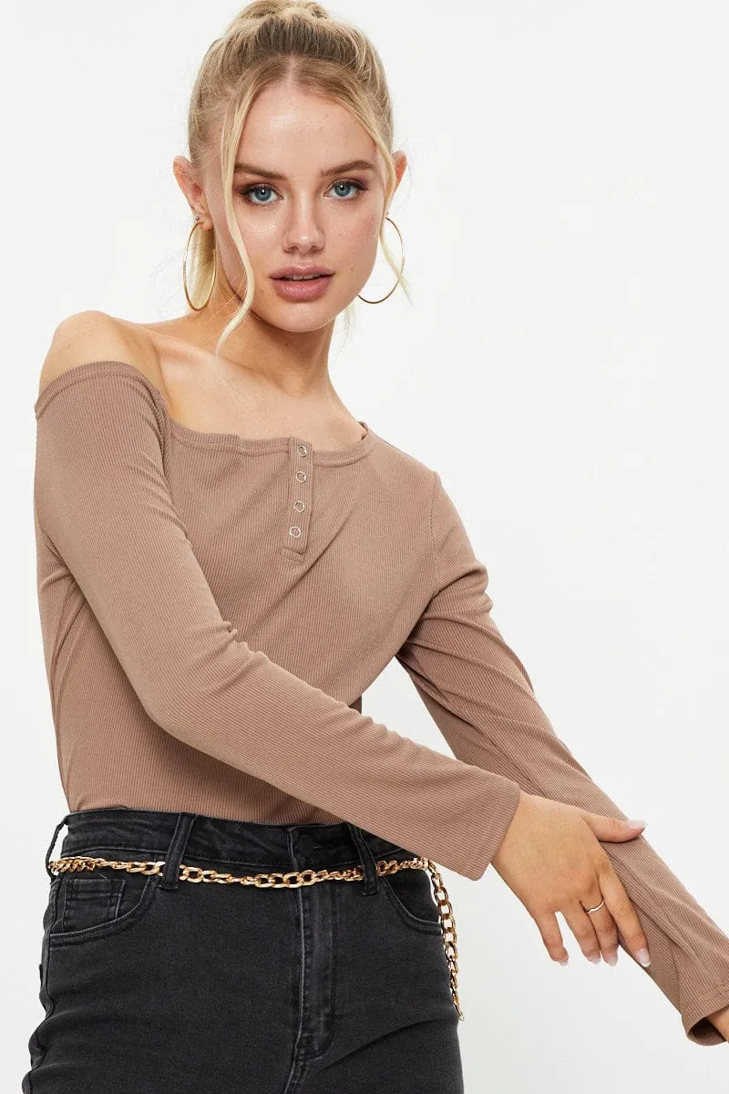 Brown Snap Button Off Shoulder Knit