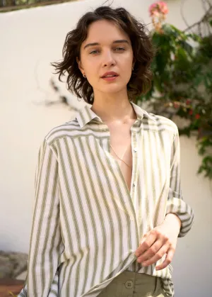 CAMILLE - Striped Button-Down Blouse | Cotton and Linen Blend (WHITE / SOFT ALMOND)