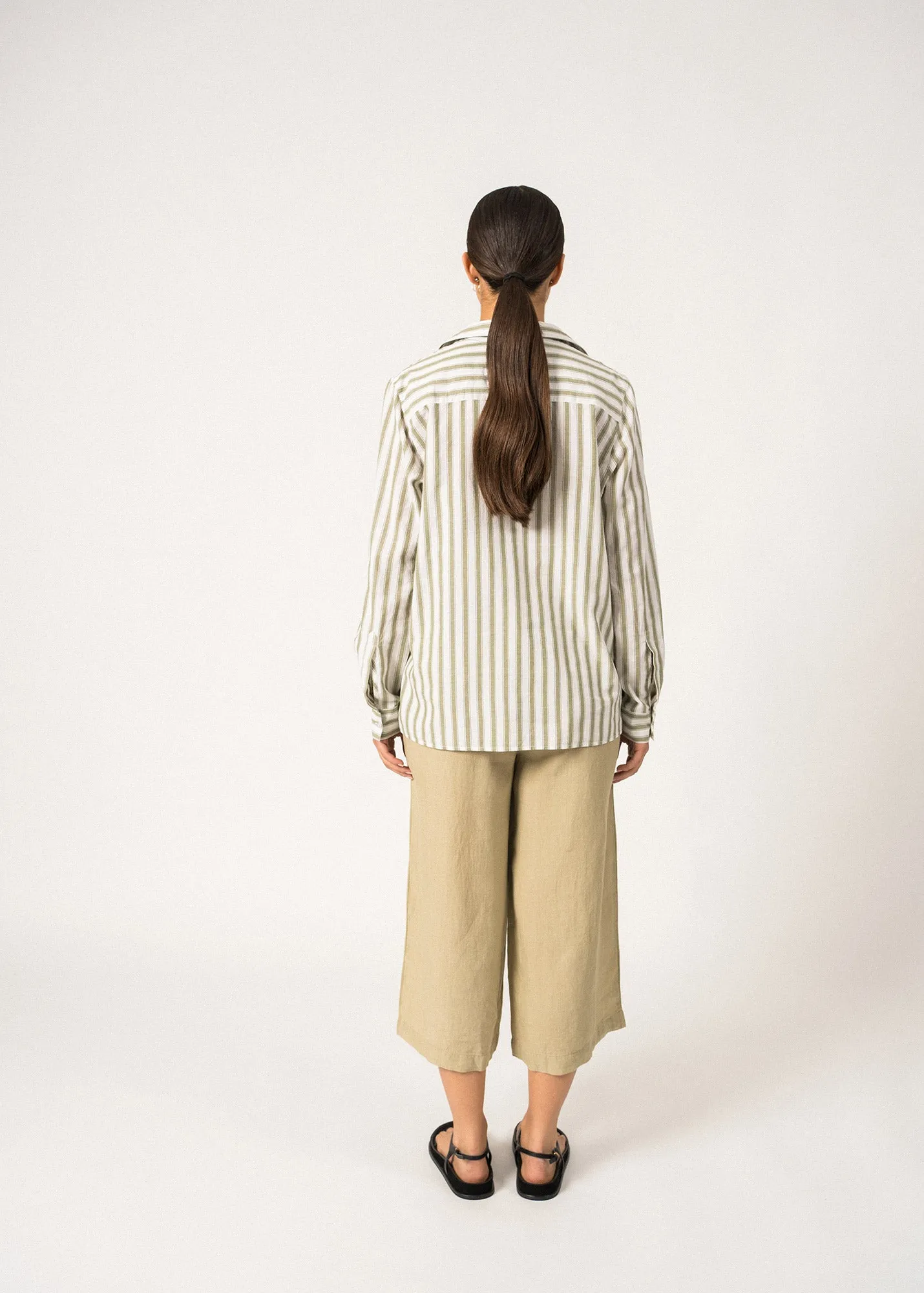 CAMILLE - Striped Button-Down Blouse | Cotton and Linen Blend (WHITE / SOFT ALMOND)