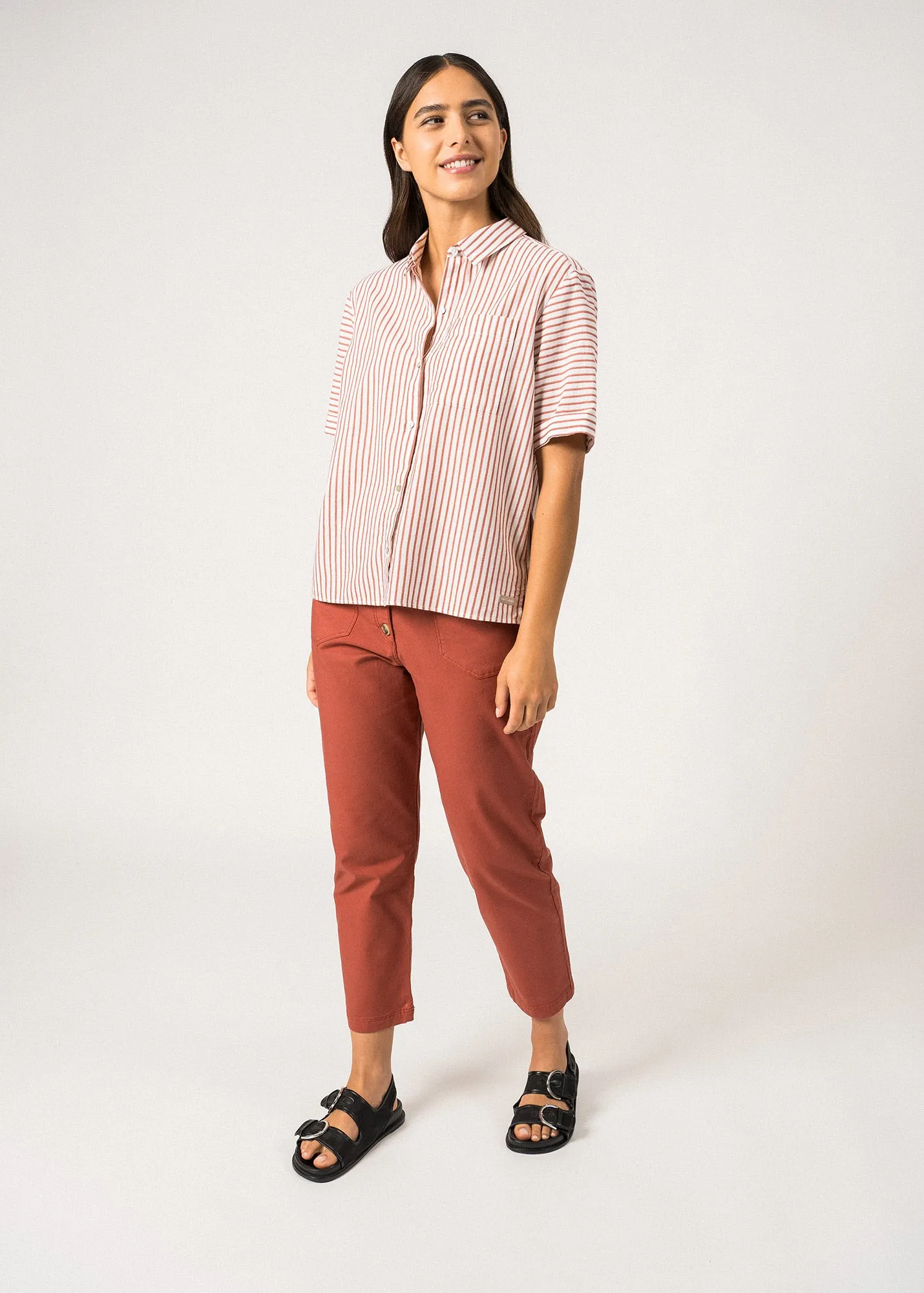 CARLA - Button-Down Blouse with Chest Pocket | Cotton and Linen (WHITE / TERRACOTTA)