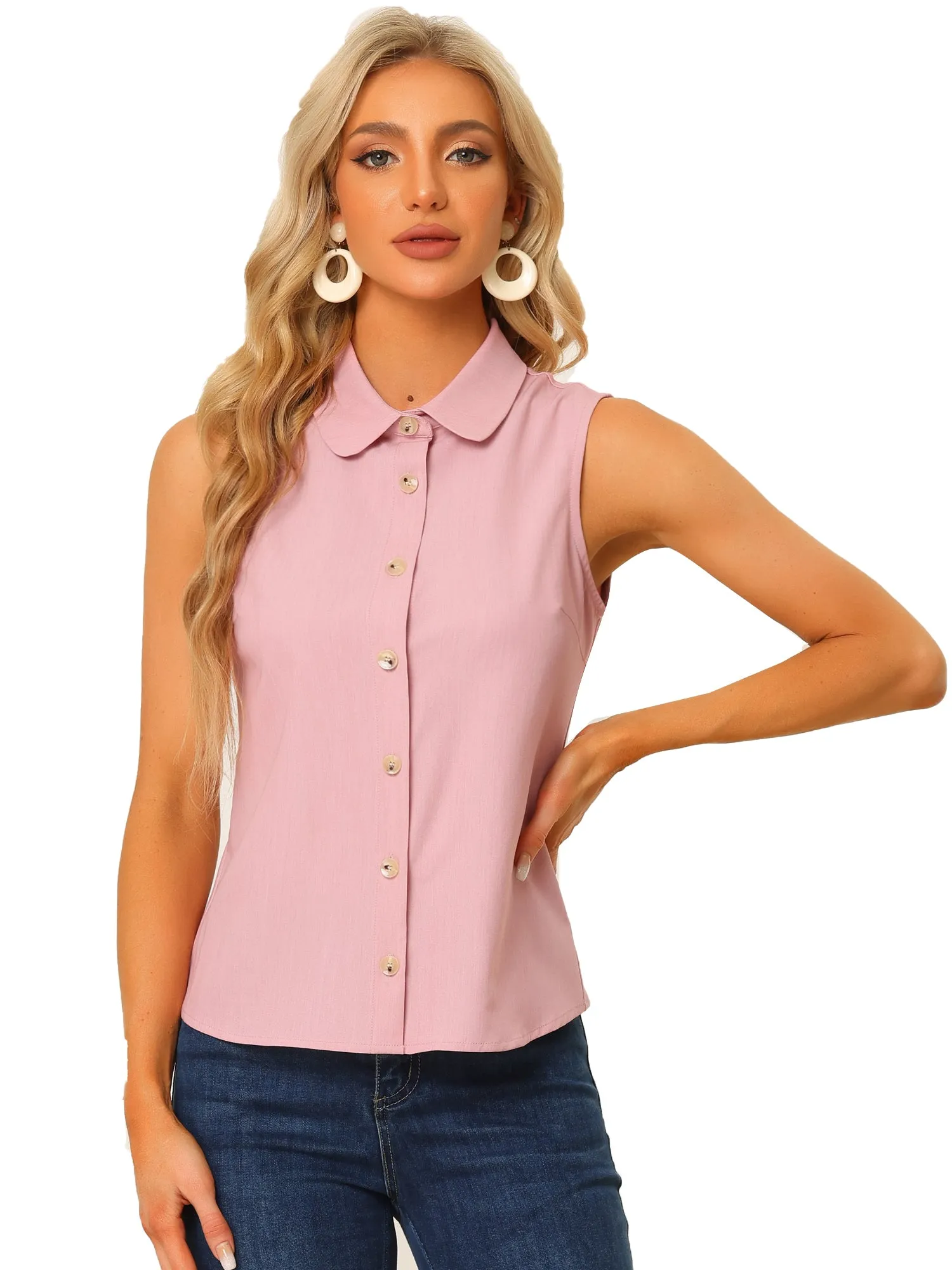 Casual Sleeveless Button Down Peter Pan Collar Chambray Shirt