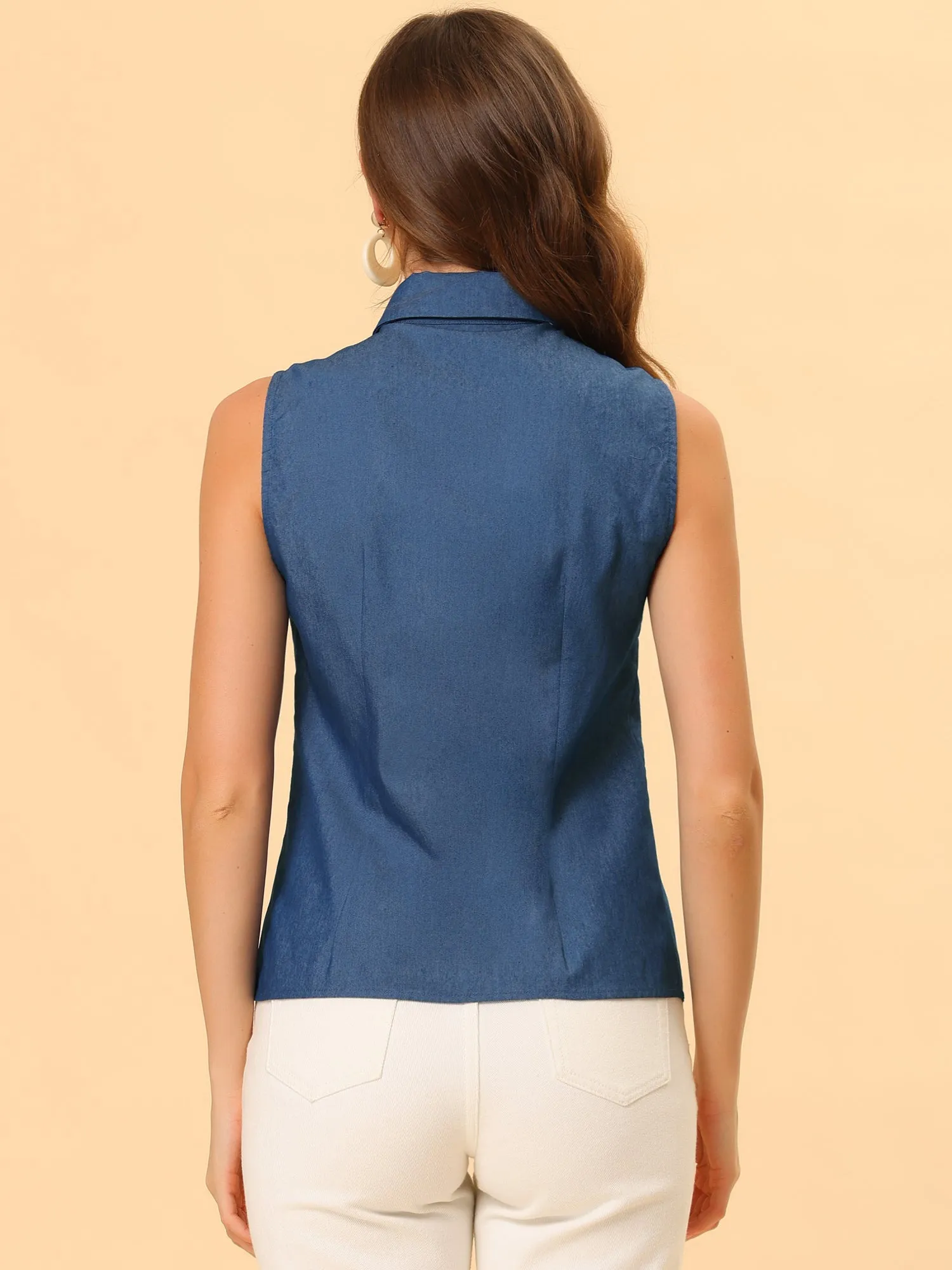 Casual Sleeveless Button Down Peter Pan Collar Chambray Shirt