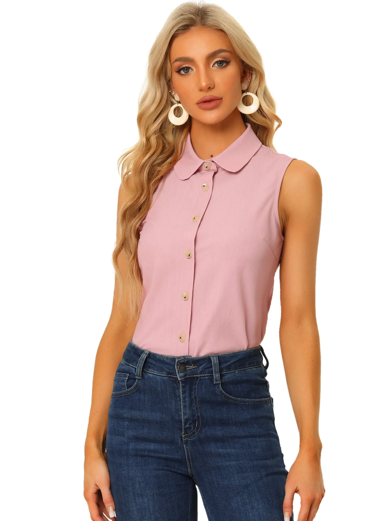 Casual Sleeveless Button Down Peter Pan Collar Chambray Shirt