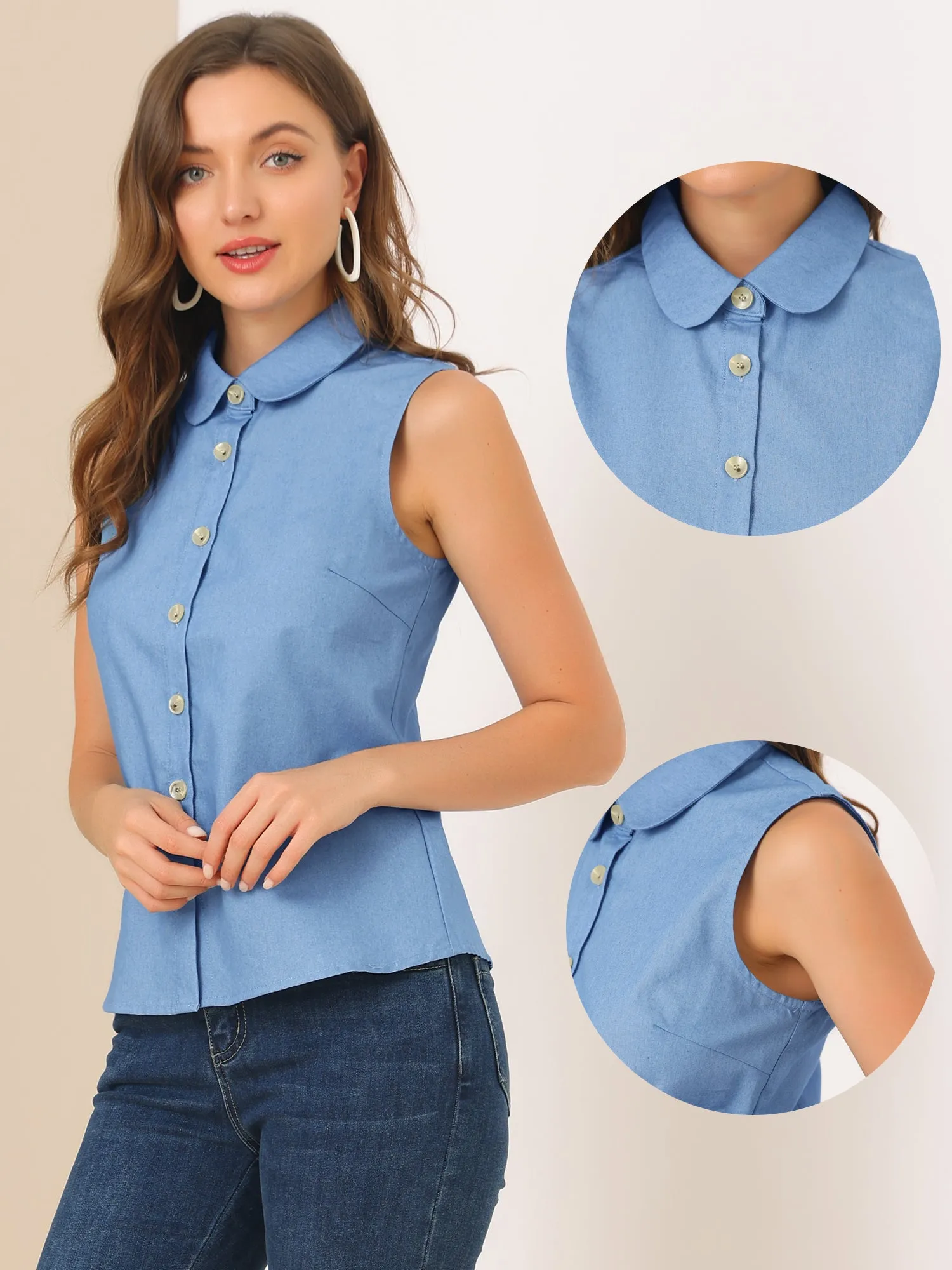 Casual Sleeveless Button Down Peter Pan Collar Chambray Shirt