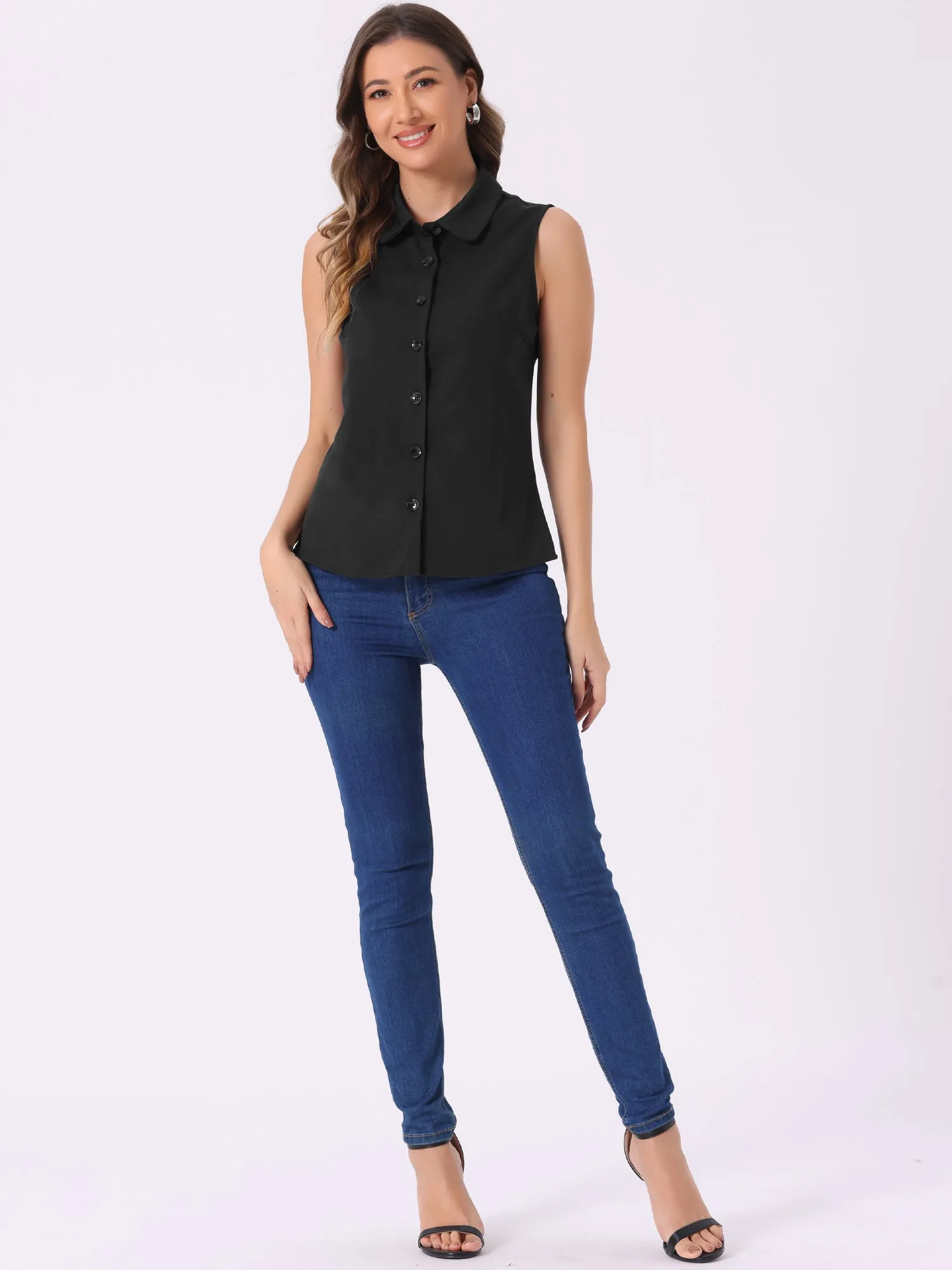 Casual Sleeveless Button Down Peter Pan Collar Chambray Shirt