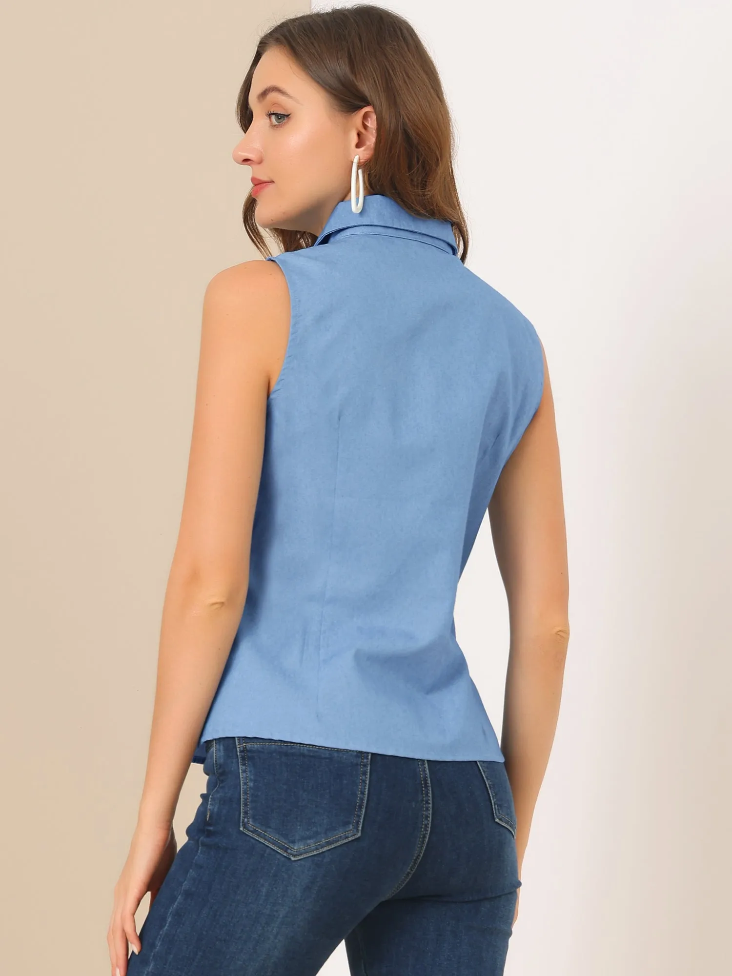 Casual Sleeveless Button Down Peter Pan Collar Chambray Shirt