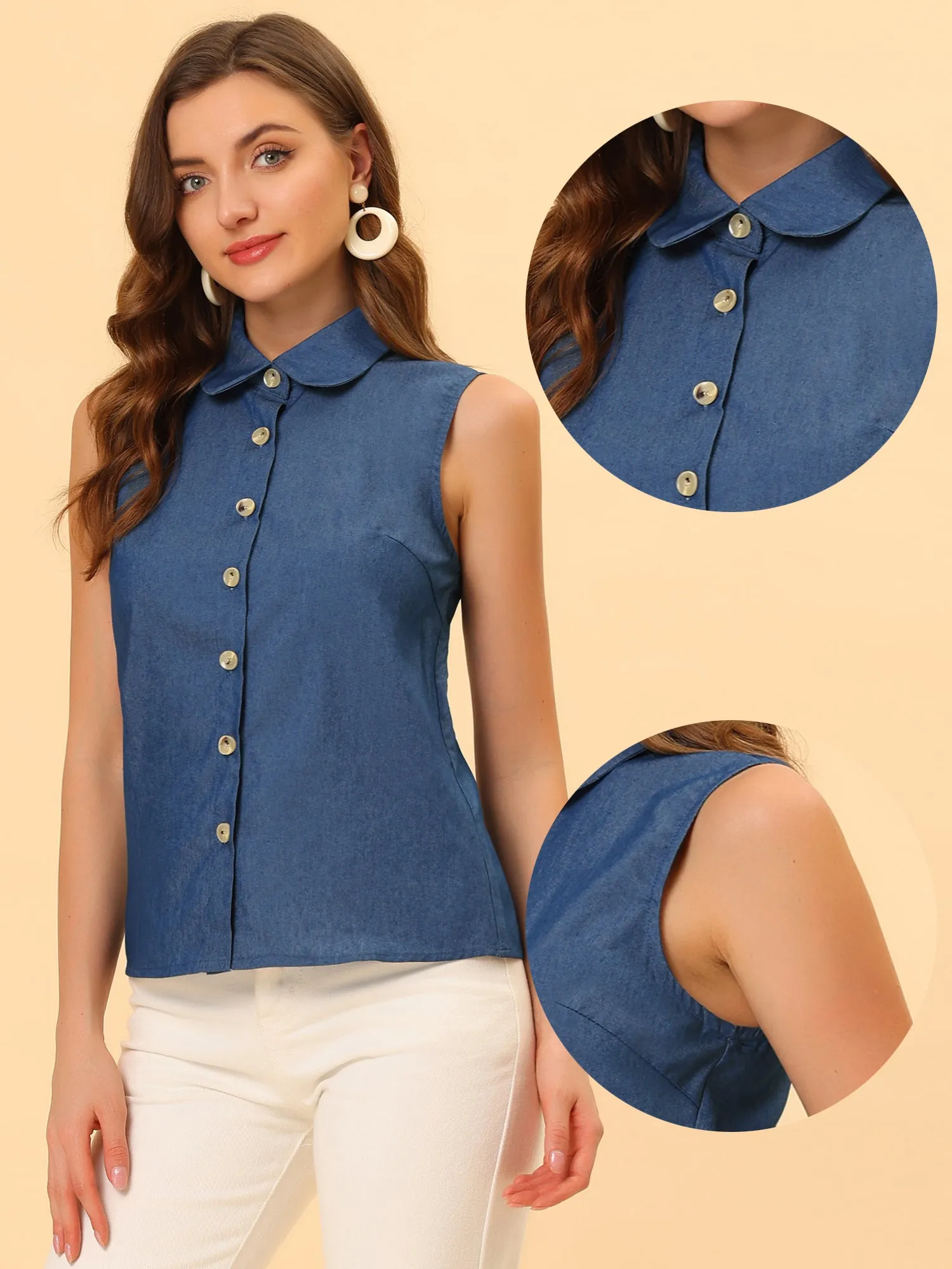 Casual Sleeveless Button Down Peter Pan Collar Chambray Shirt