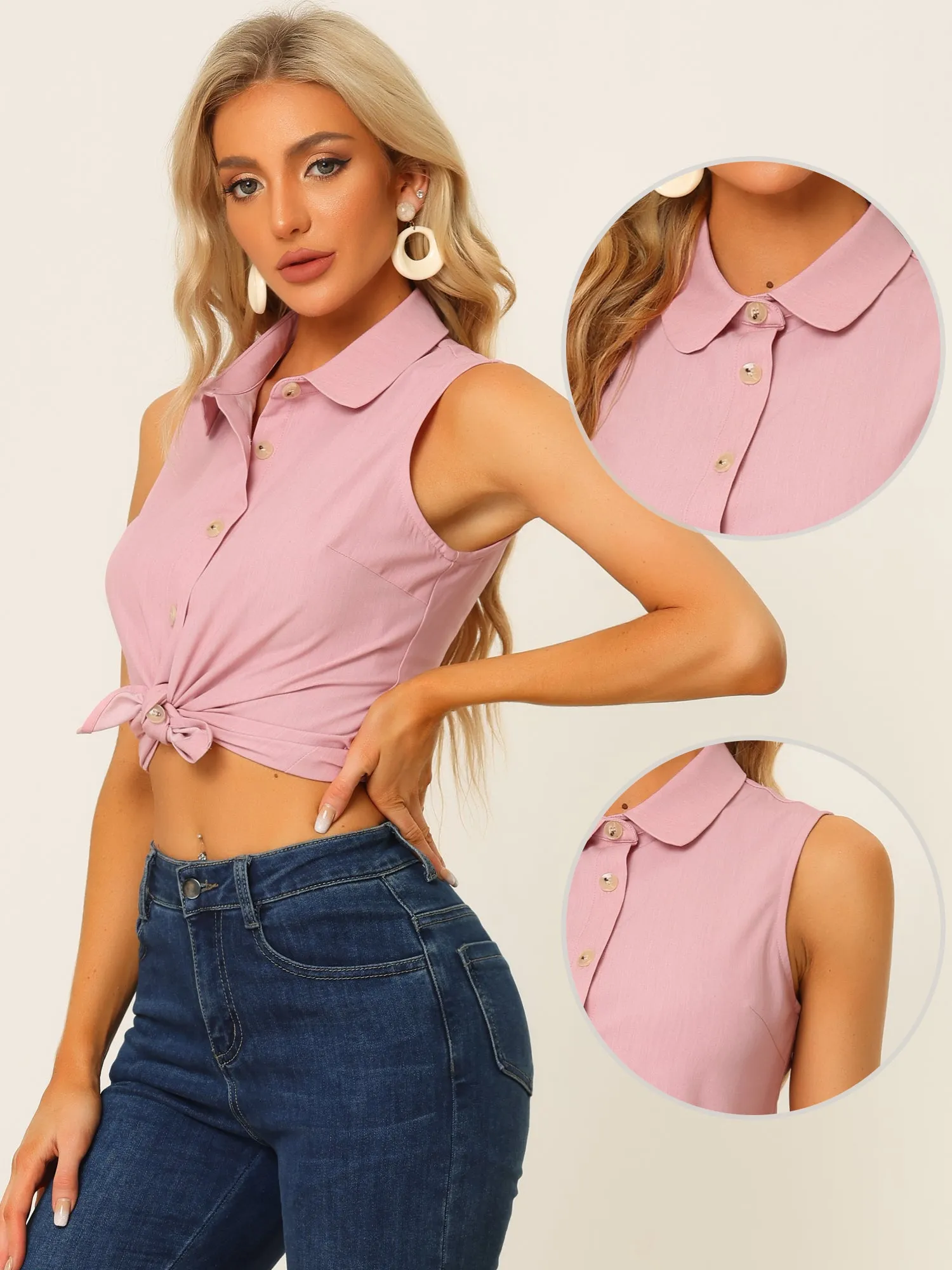 Casual Sleeveless Button Down Peter Pan Collar Chambray Shirt
