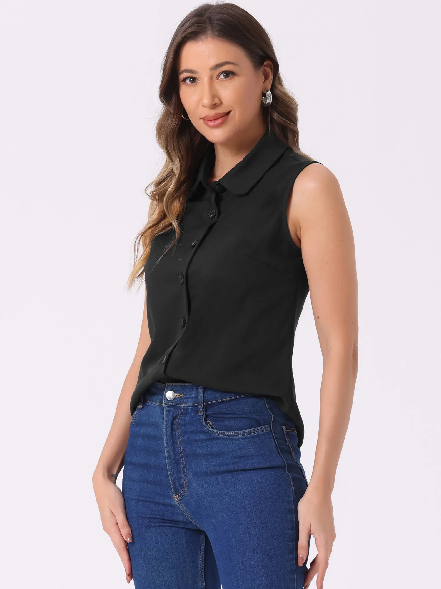 Casual Sleeveless Button Down Peter Pan Collar Chambray Shirt