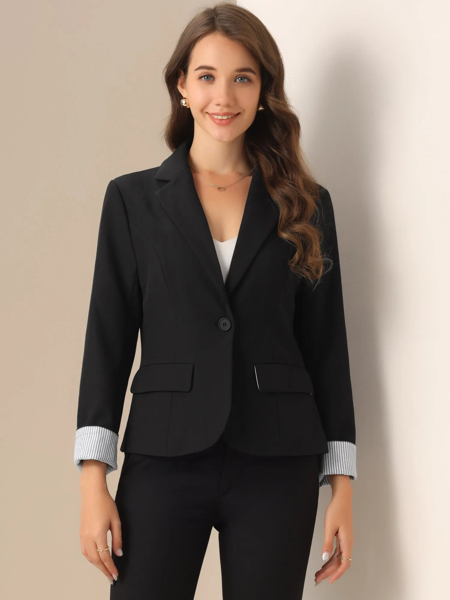 Contrast One Button Notched Lapel Work Office Blazer