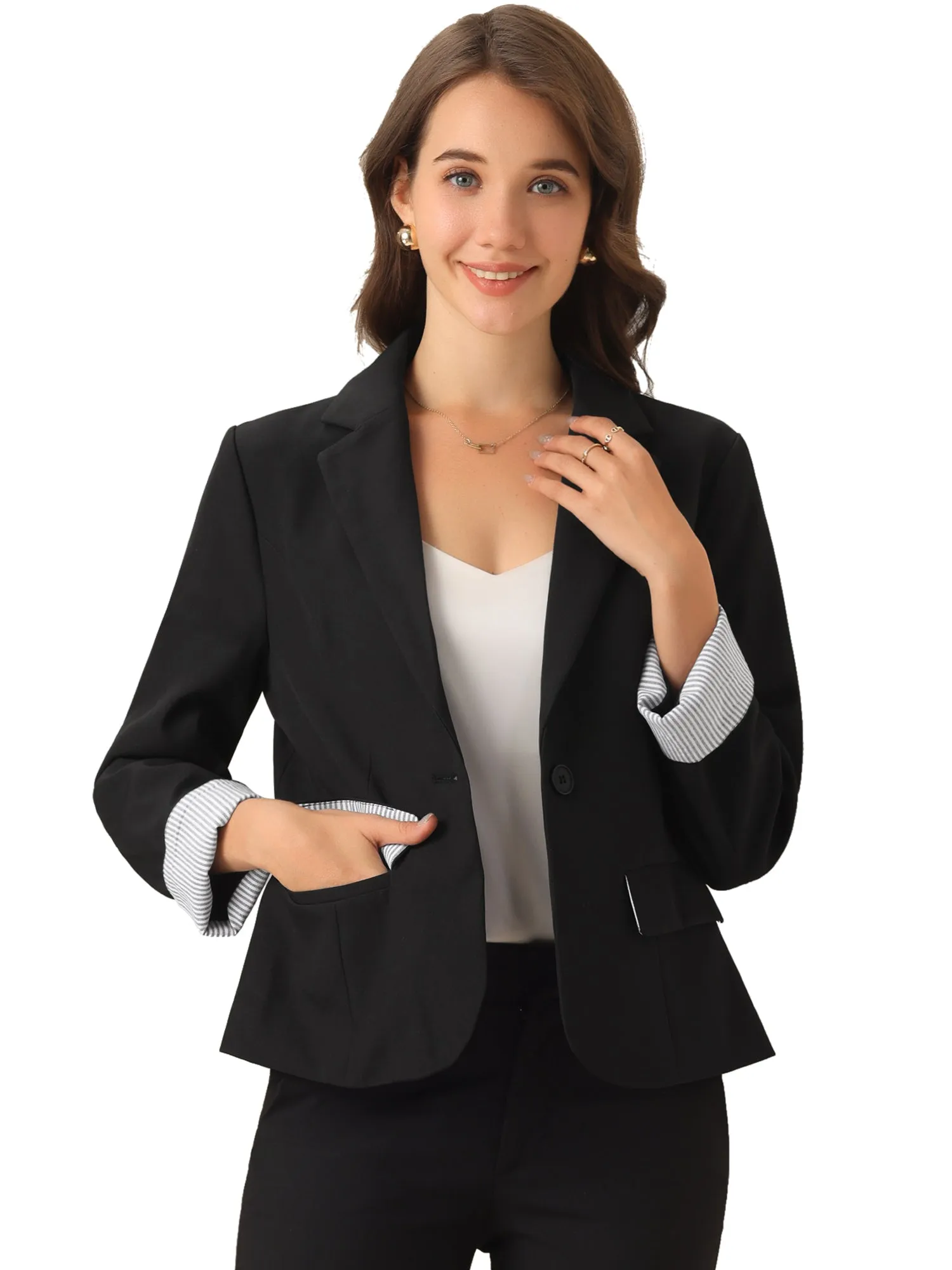 Contrast One Button Notched Lapel Work Office Blazer