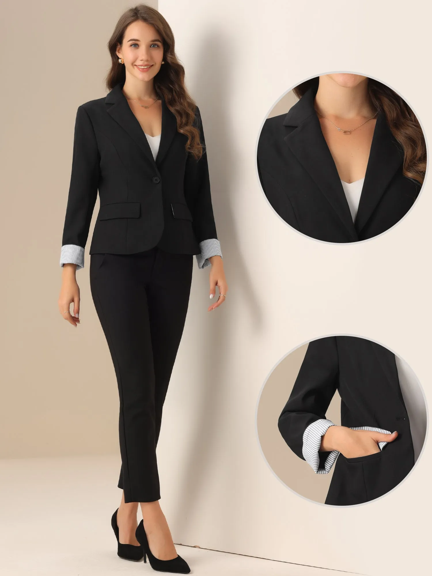 Contrast One Button Notched Lapel Work Office Blazer