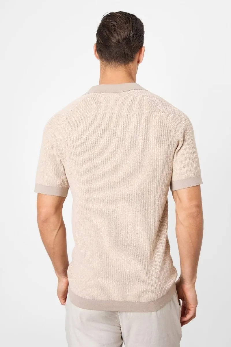 Contrast Textured Knitted Polo Shirt in Stone