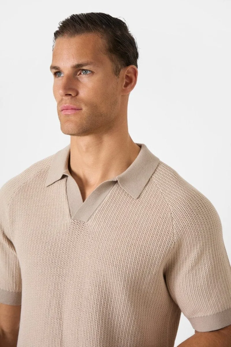 Contrast Textured Knitted Polo Shirt in Stone