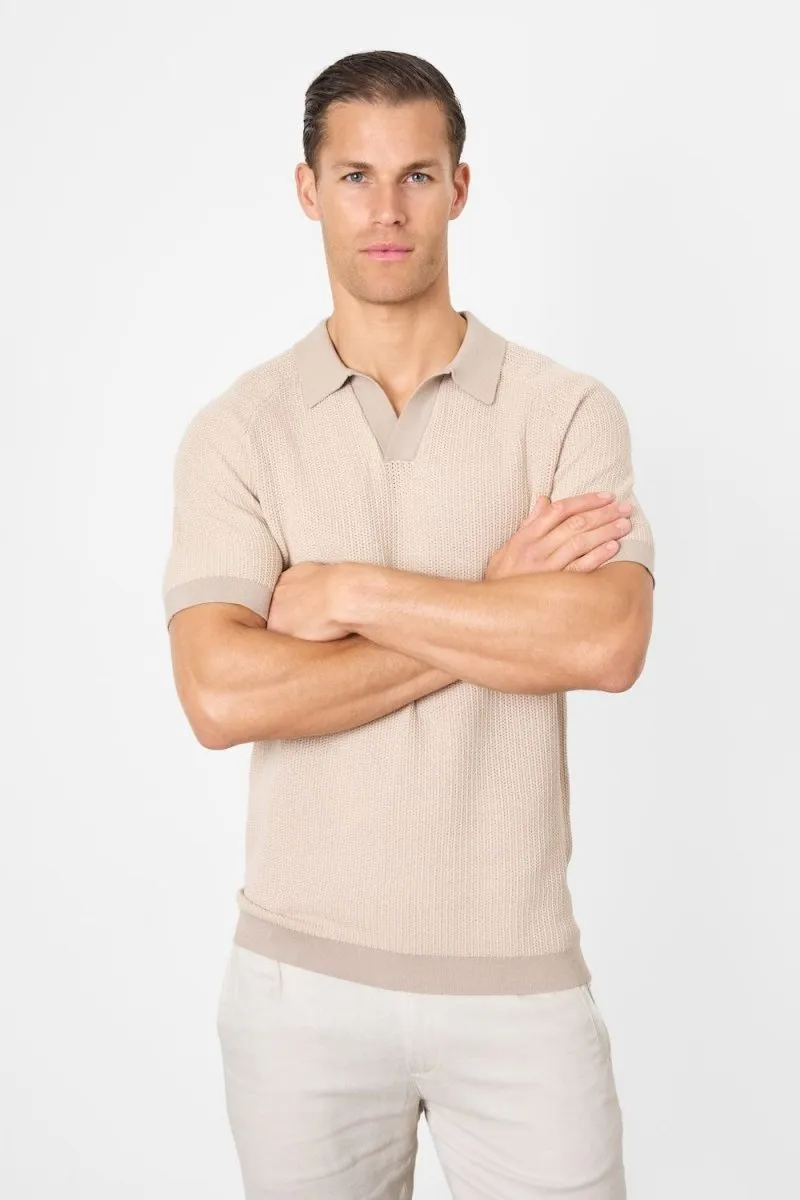 Contrast Textured Knitted Polo Shirt in Stone