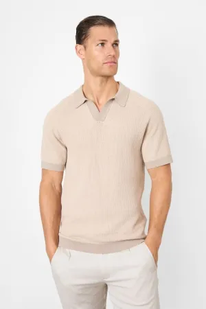 Contrast Textured Knitted Polo Shirt in Stone