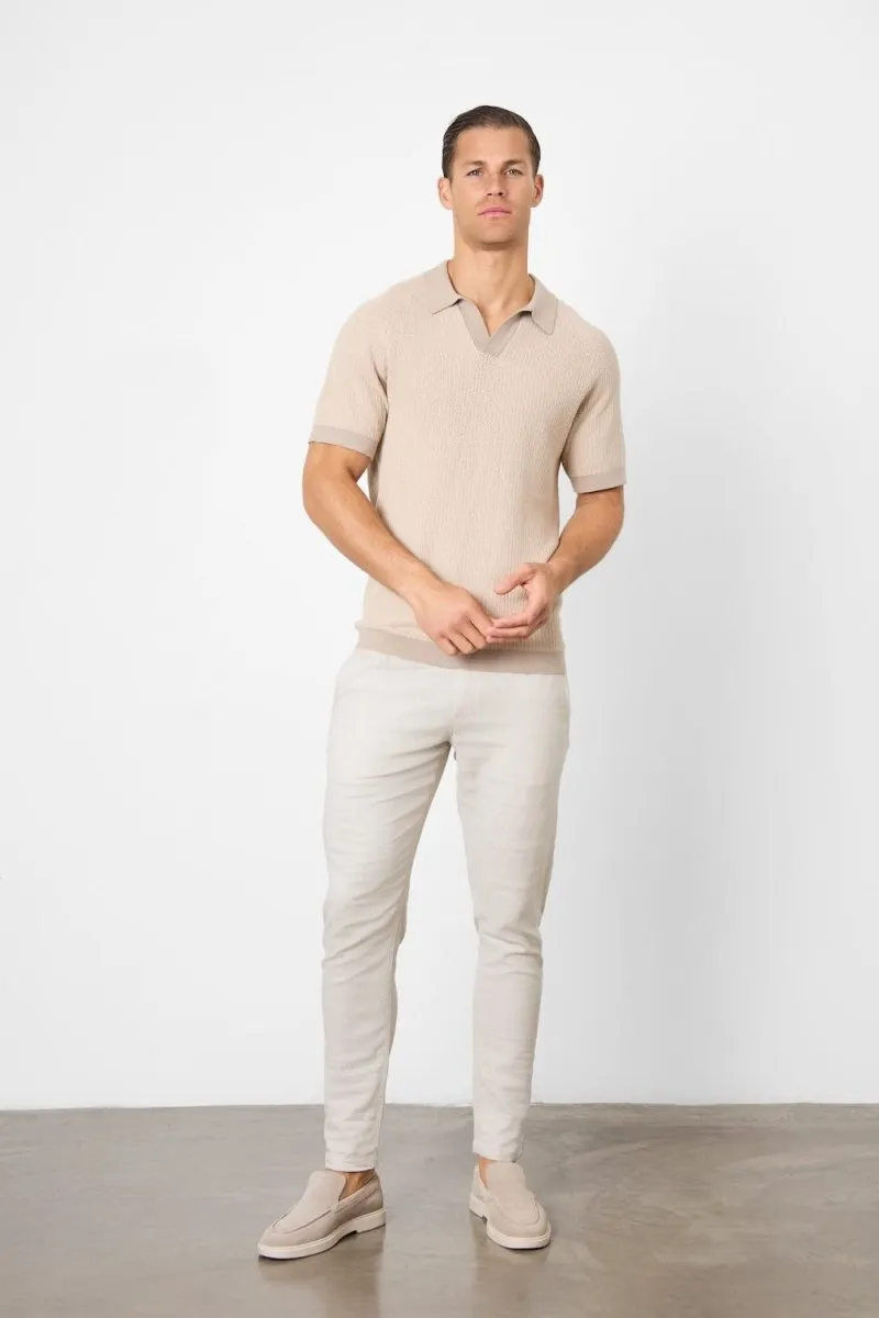 Contrast Textured Knitted Polo Shirt in Stone