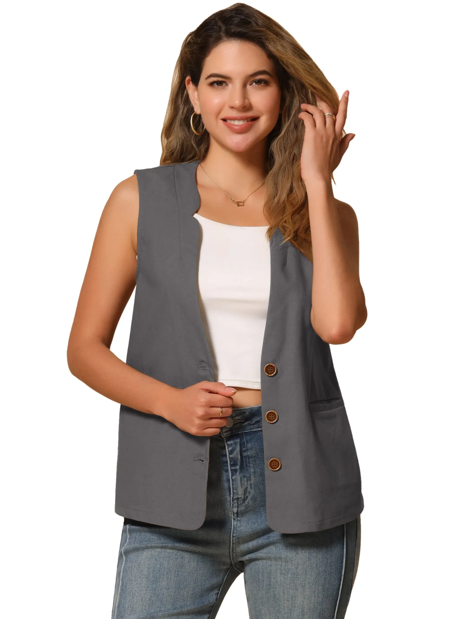 Cotton Linen Casual V Neck Button Down Sleeveless Jacket Vest