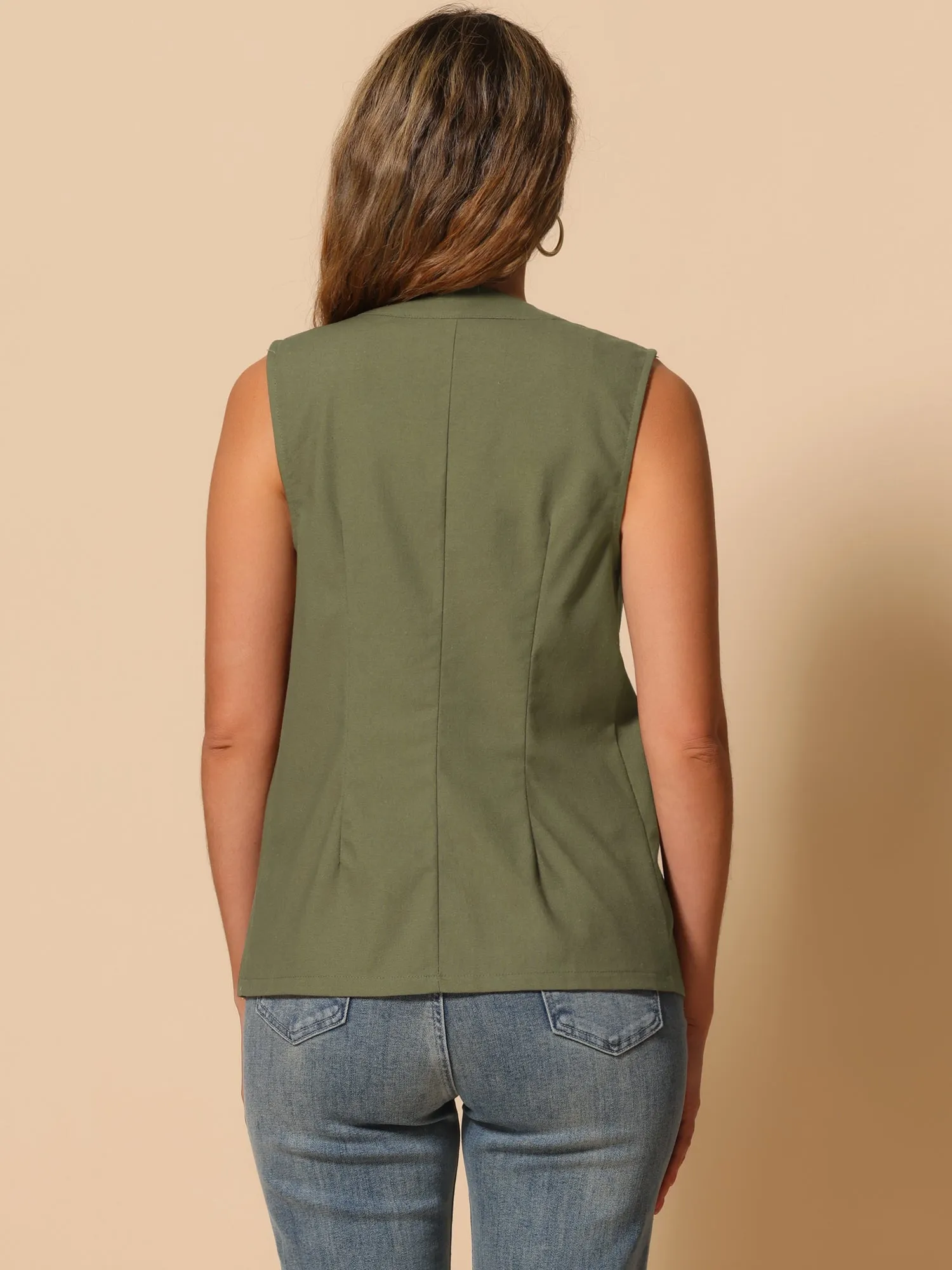 Cotton Linen Casual V Neck Button Down Sleeveless Jacket Vest