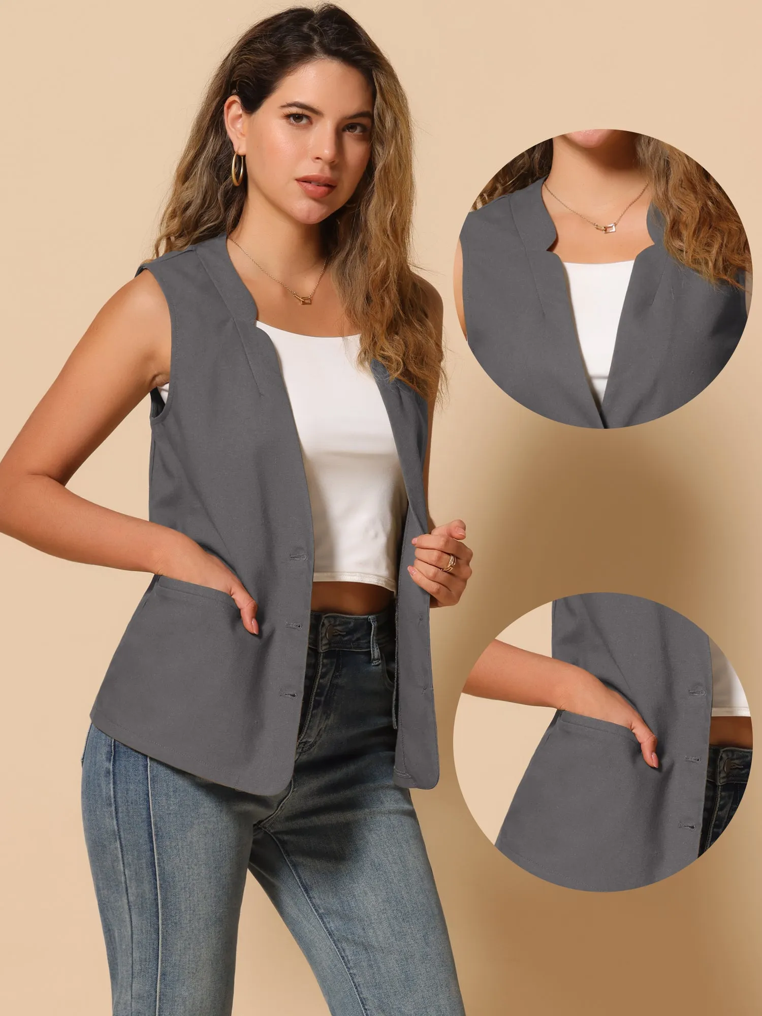 Cotton Linen Casual V Neck Button Down Sleeveless Jacket Vest