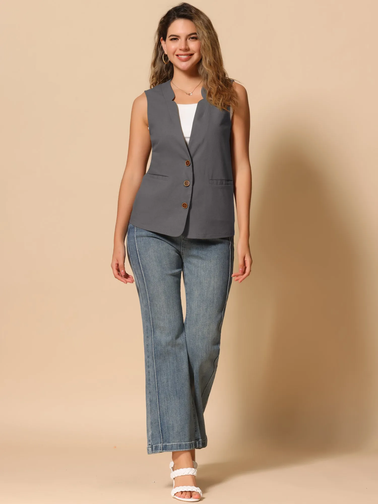 Cotton Linen Casual V Neck Button Down Sleeveless Jacket Vest