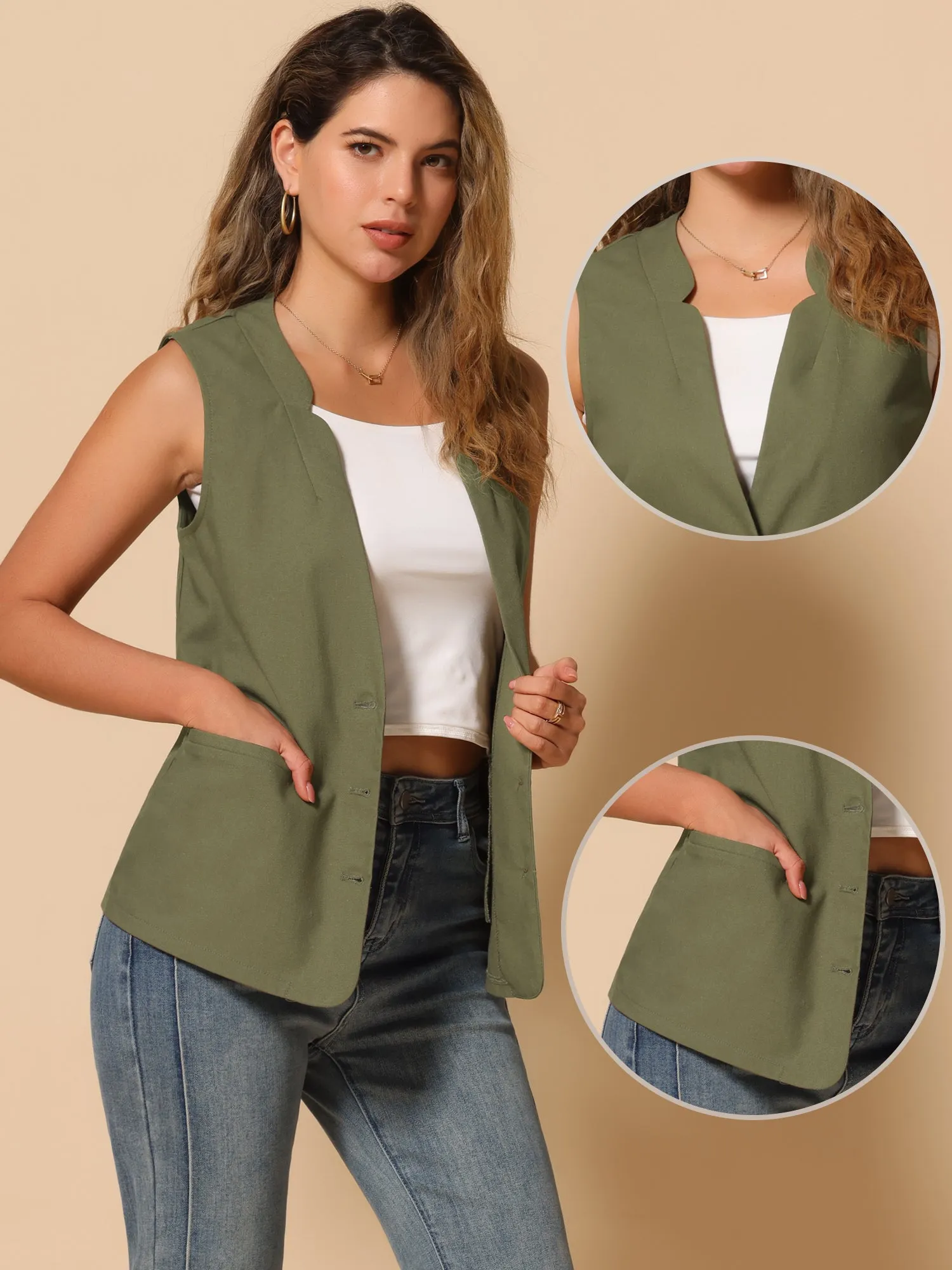 Cotton Linen Casual V Neck Button Down Sleeveless Jacket Vest