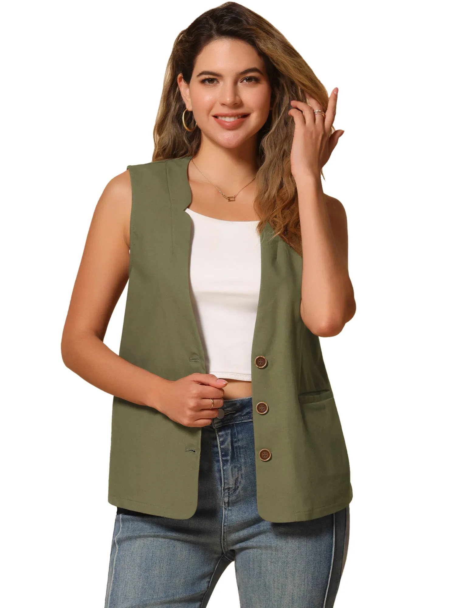 Cotton Linen Casual V Neck Button Down Sleeveless Jacket Vest