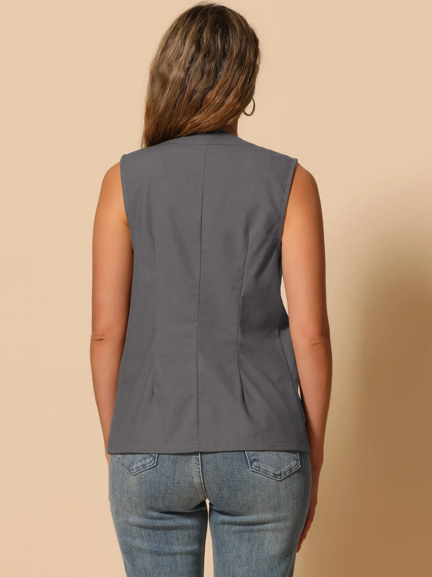 Cotton Linen Casual V Neck Button Down Sleeveless Jacket Vest