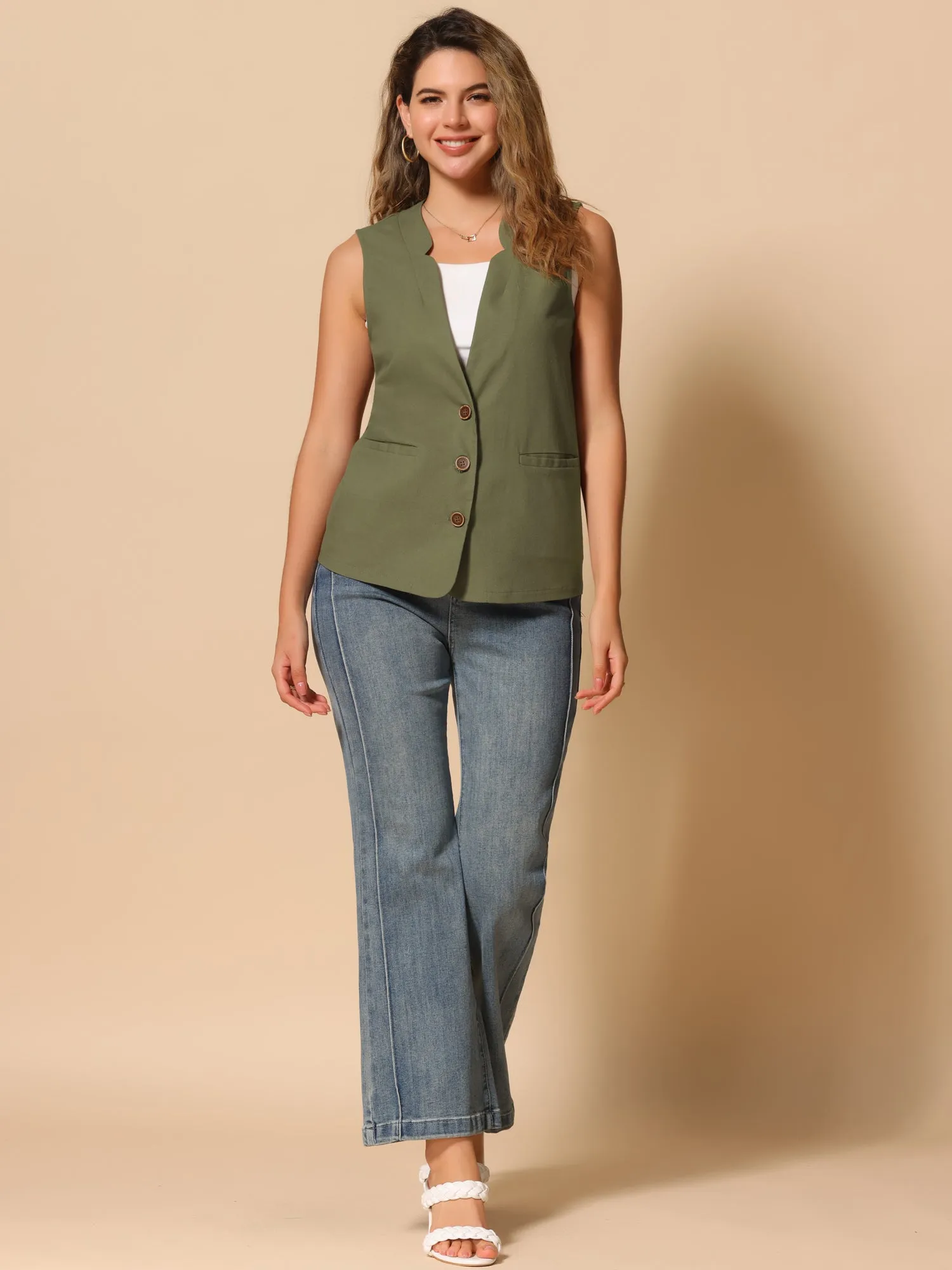 Cotton Linen Casual V Neck Button Down Sleeveless Jacket Vest