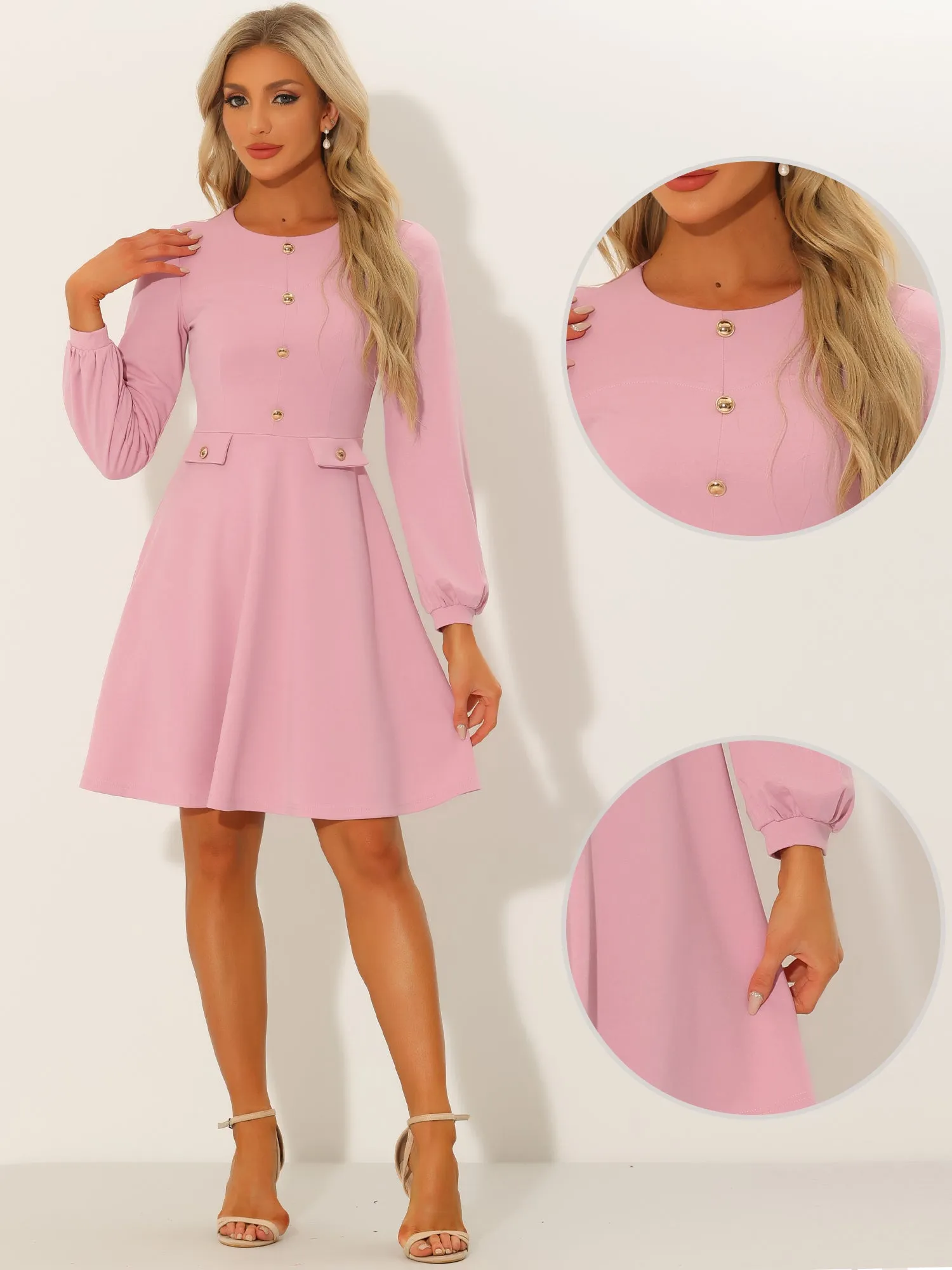 Crew Neck Office Contrast Button Decor Long Sleeve Dress