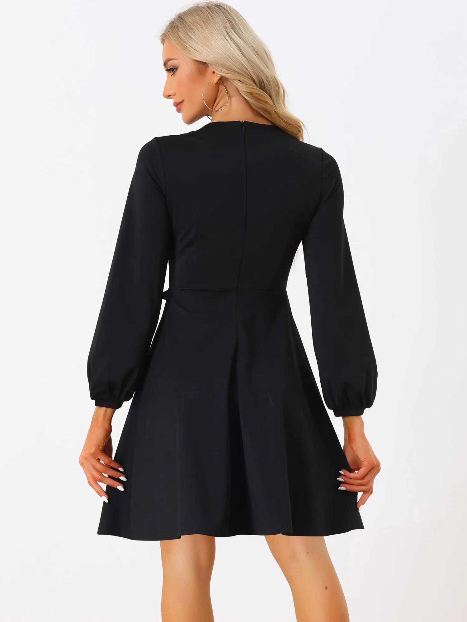 Crew Neck Office Contrast Button Decor Long Sleeve Dress