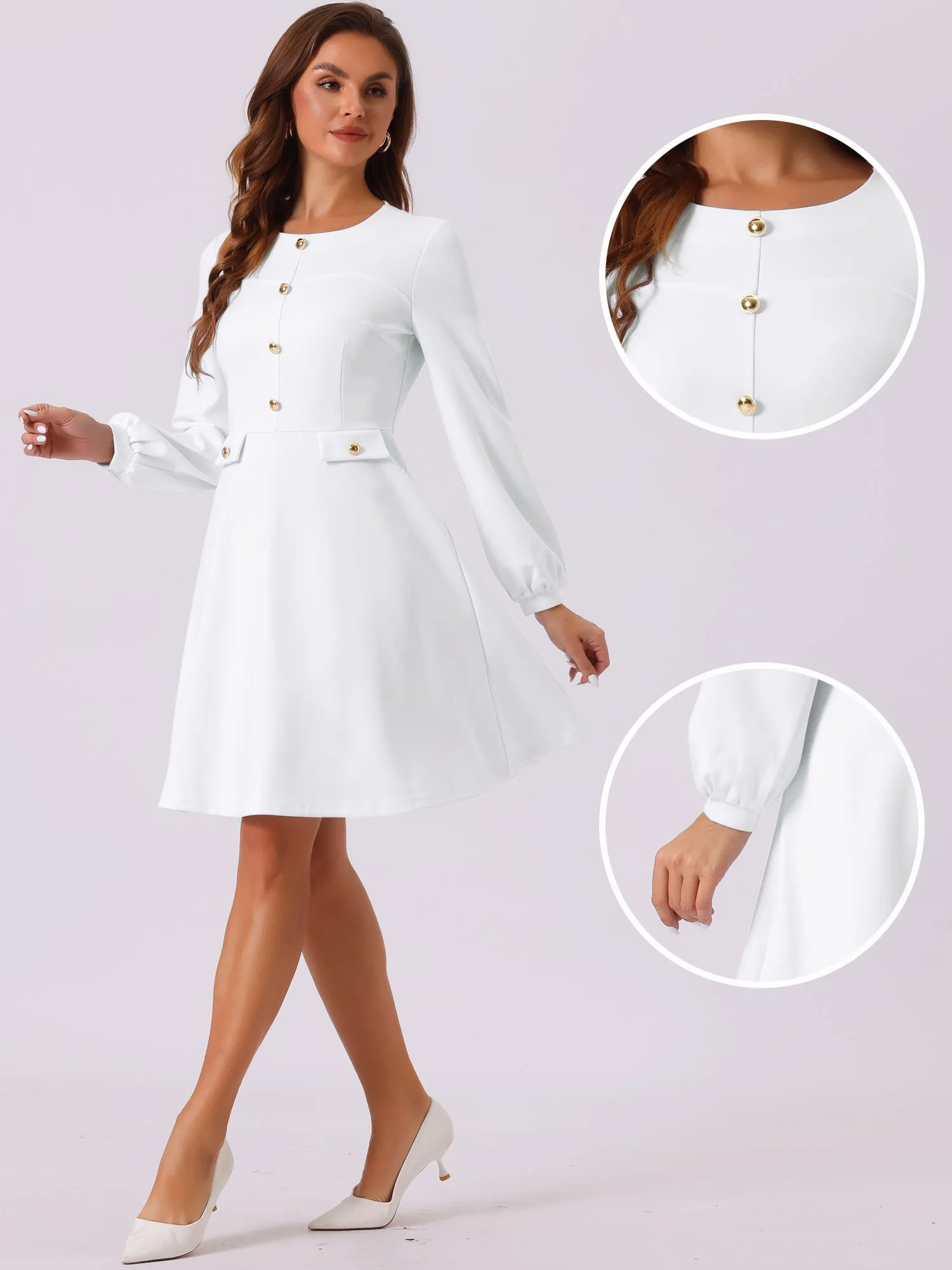 Crew Neck Office Contrast Button Decor Long Sleeve Dress