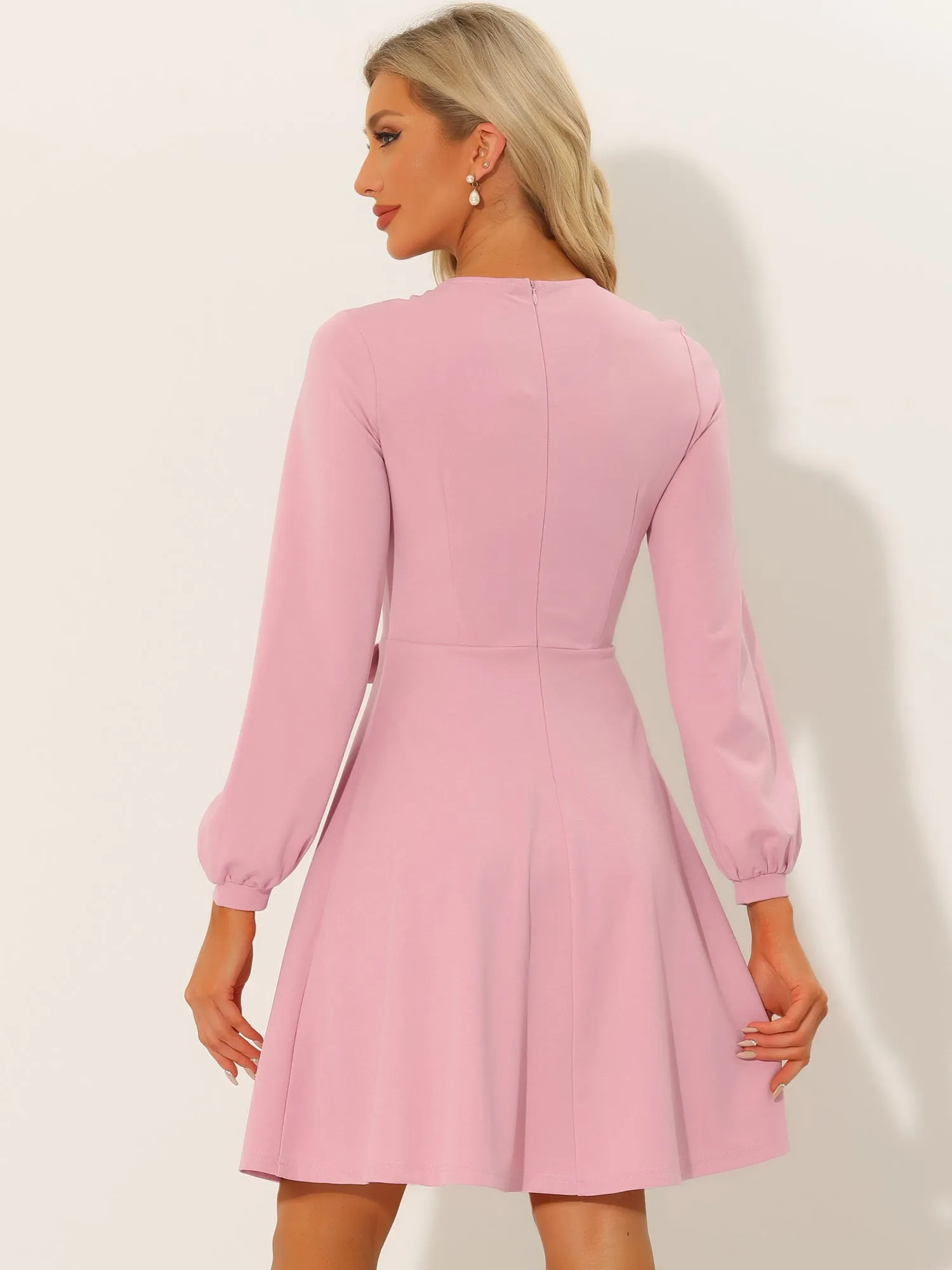 Crew Neck Office Contrast Button Decor Long Sleeve Dress