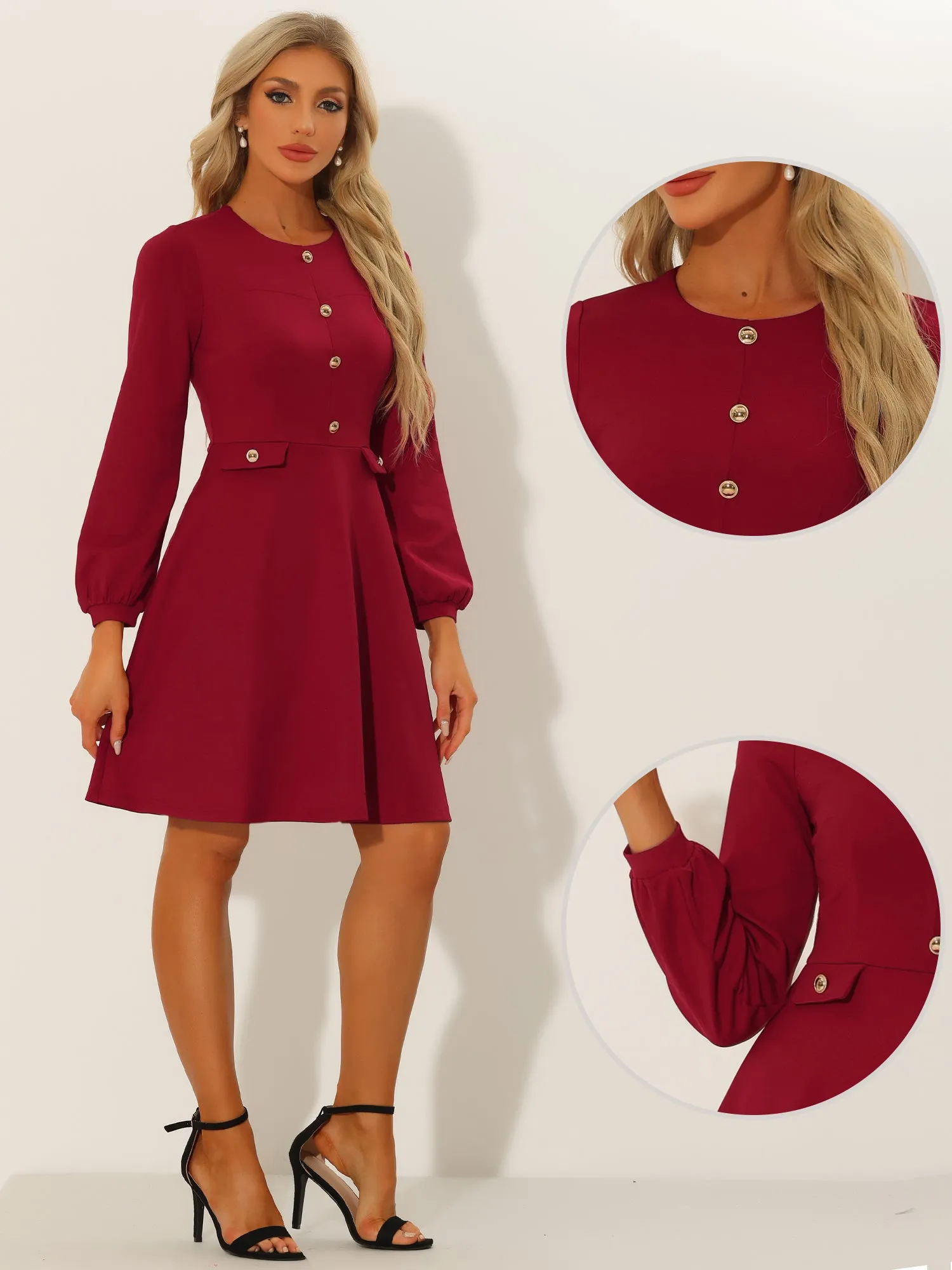 Crew Neck Office Contrast Button Decor Long Sleeve Dress