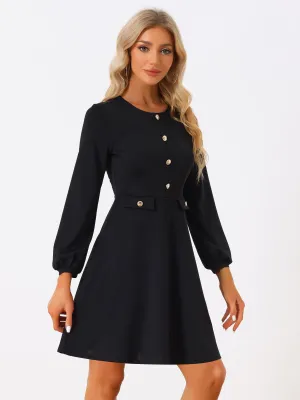 Crew Neck Office Contrast Button Decor Long Sleeve Dress