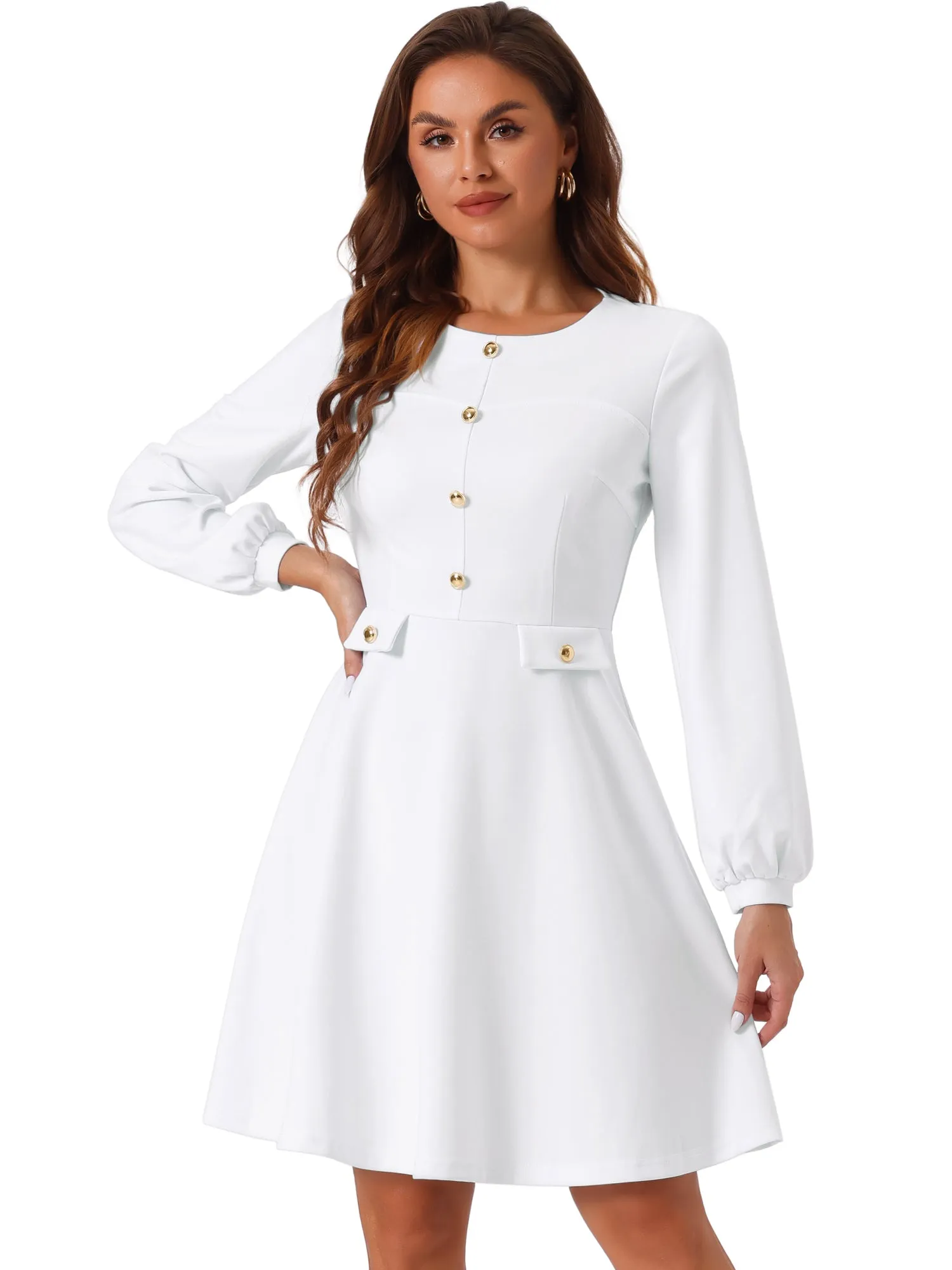Crew Neck Office Contrast Button Decor Long Sleeve Dress